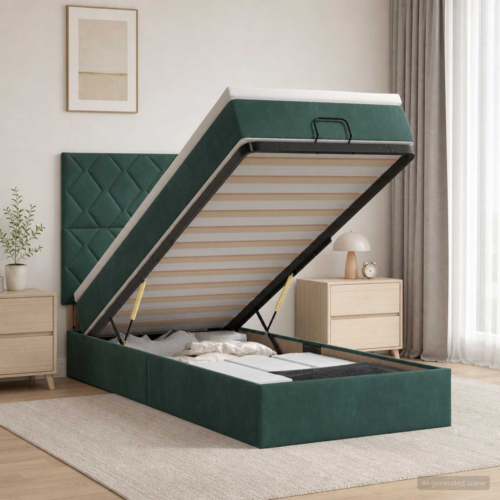 Ottoman Bett mit Matratze Dunkelgrün 90 x 190 cm Samt