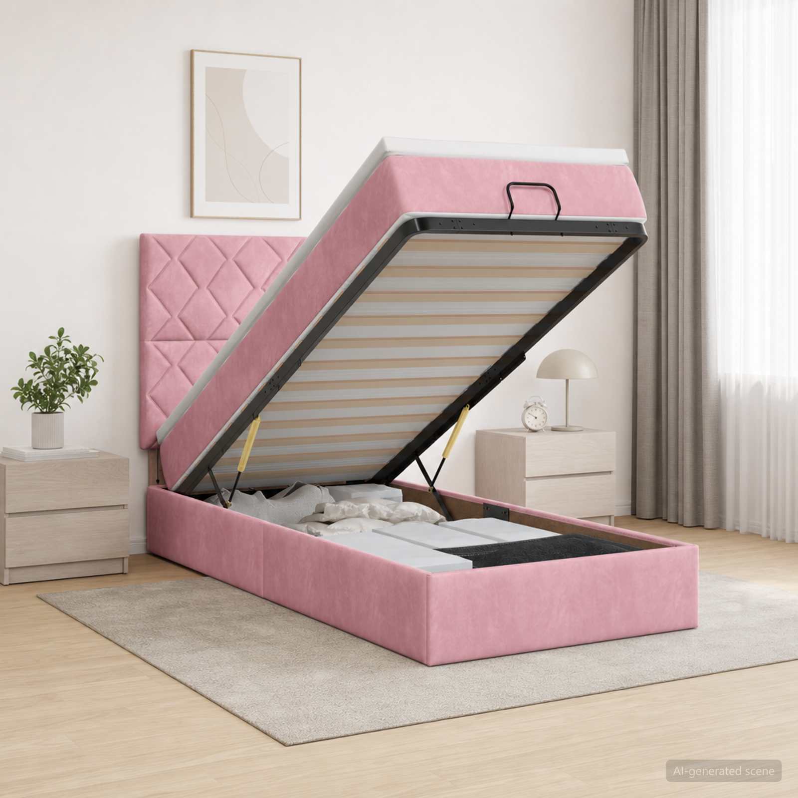 Ottoman Bett mit Matratze mit Kopfteil Rosa 90 x 190 cm Samt