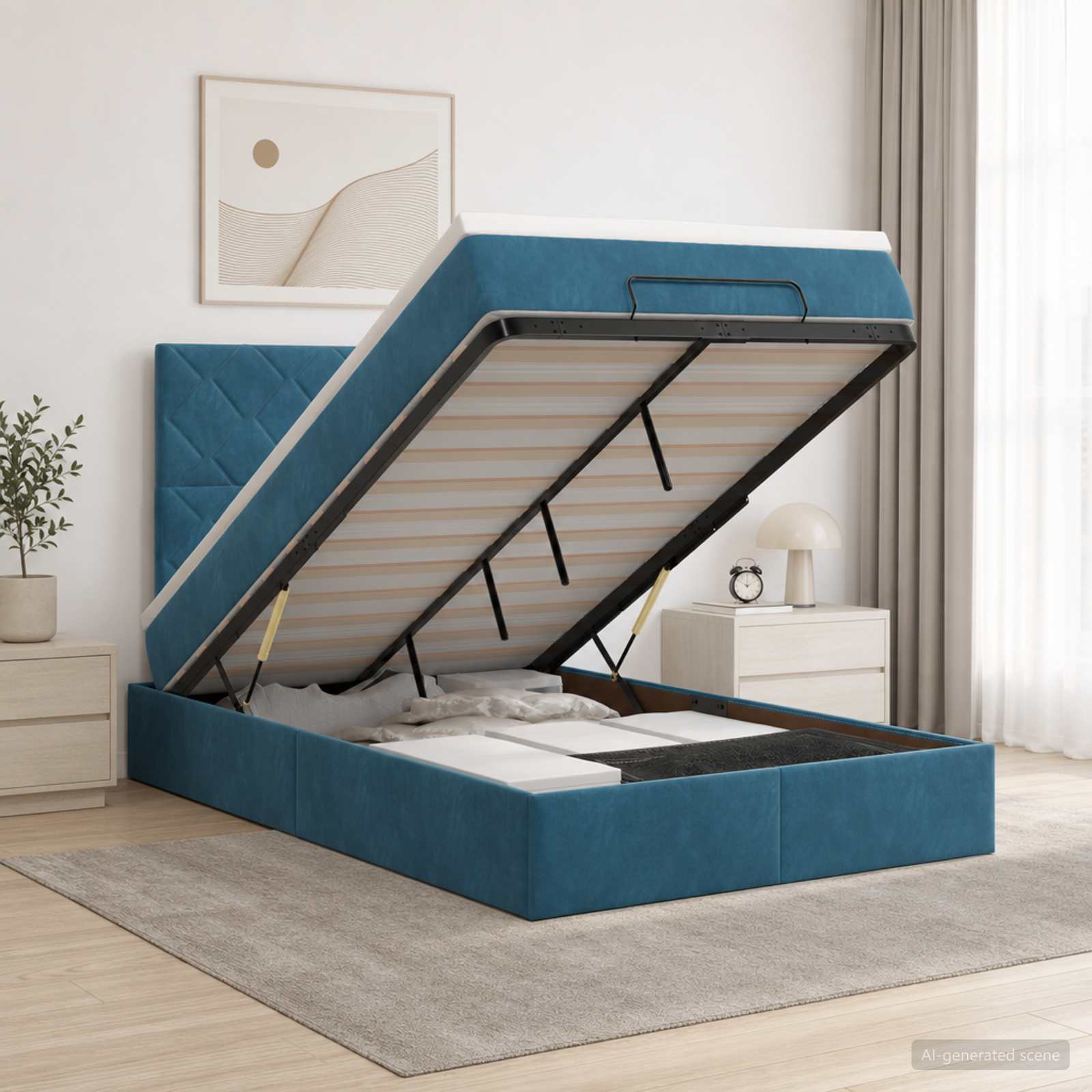 Ottoman Bett mit Matratze Dunkelblau 120 x 200 cm Samt