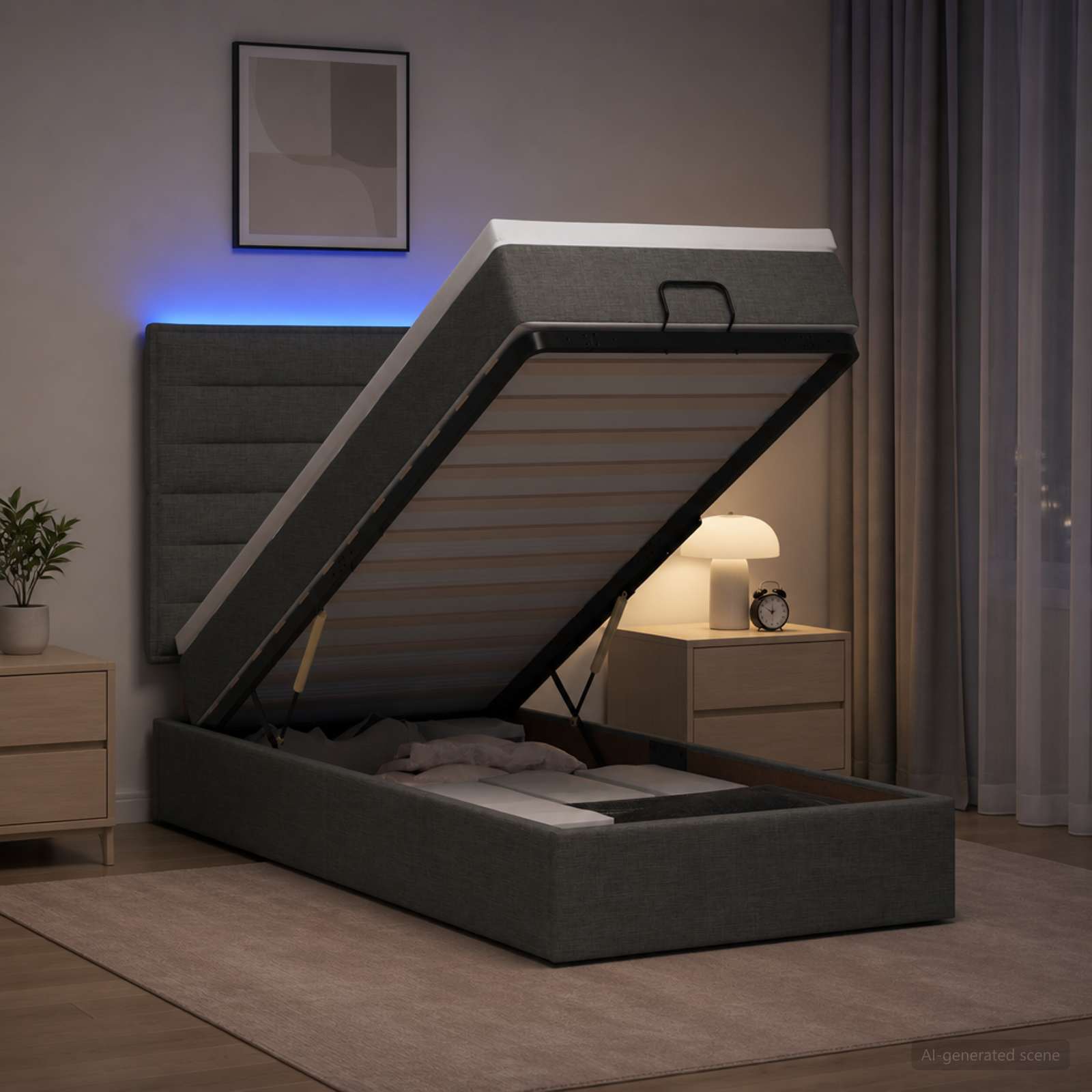 Ottoman-Bett mit Matratze und LED Dunkelgrau 100 x 200 cm Stoff