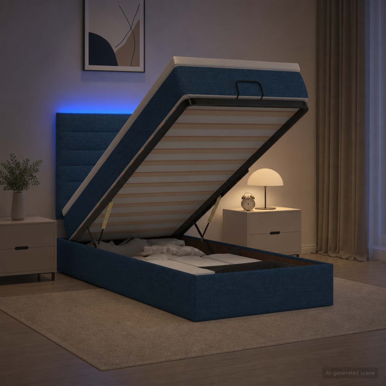 Ottoman-Bett mit Matratze und LED Blau 90 x 200 cm Stoff