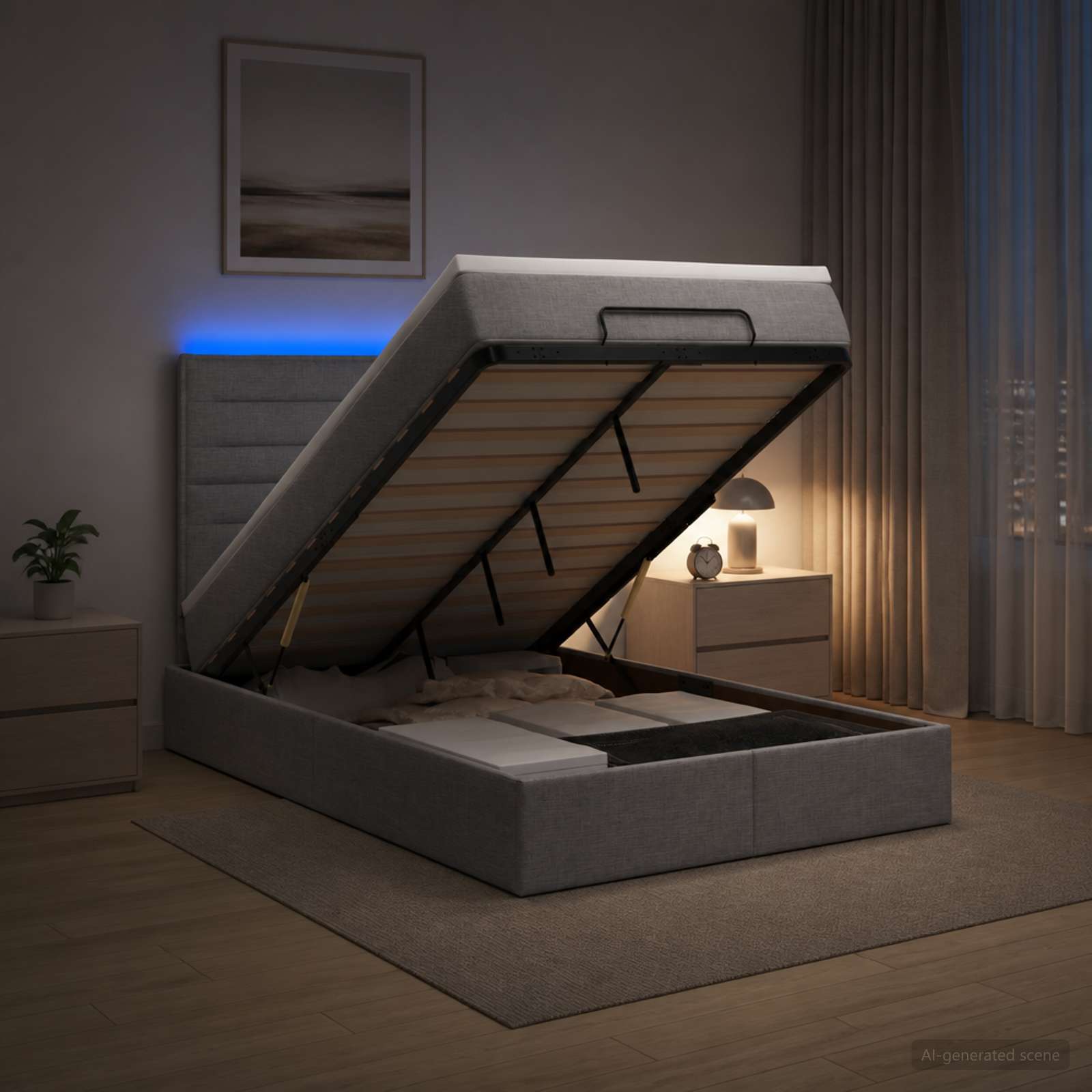 Ottoman-Bett mit Matratze und LED Hellgrau 120 x 200 cm Stoff