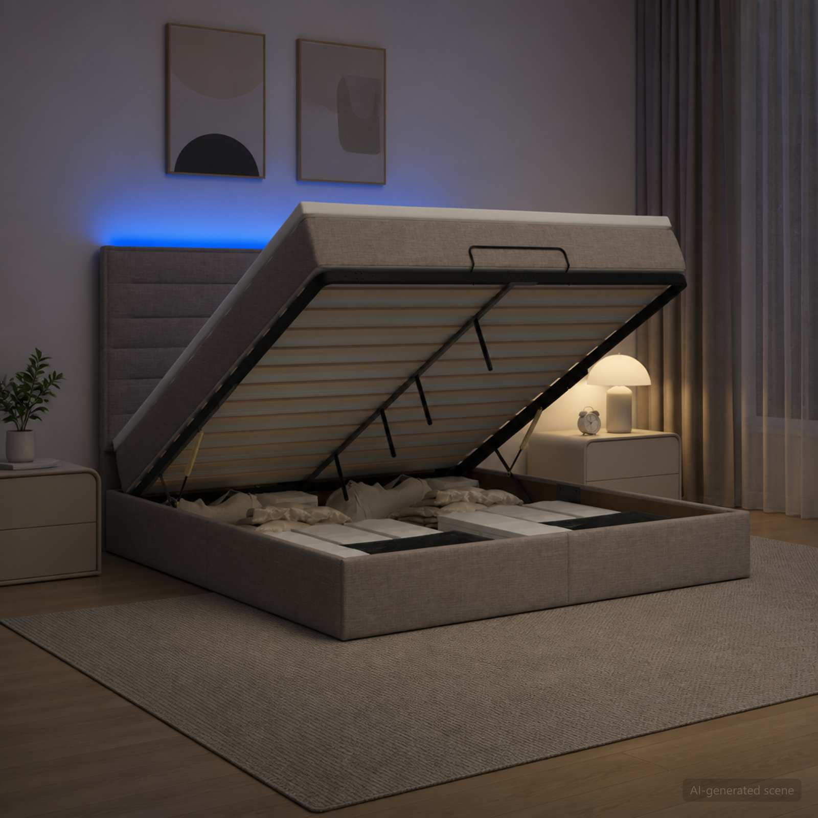 Ottoman-Bett mit Matratze und LED Taupe 140 x 190 cm Stoff
