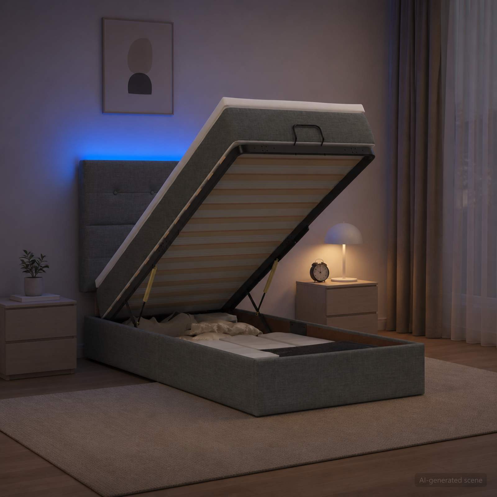 Ottoman-Bett mit Matratze und LED Dunkelgrau 100 x 200 cm Stoff