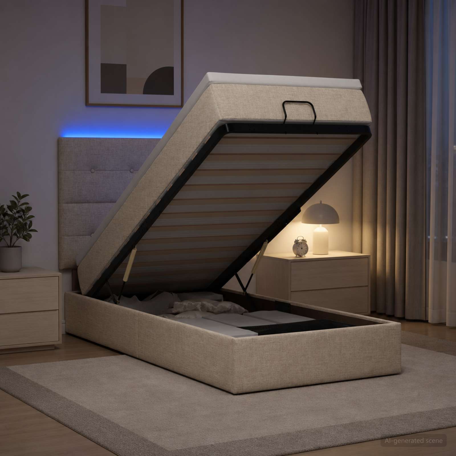 Ottoman-Bett mit Matratze und LED Creme 100 x 200 cm Stoff
