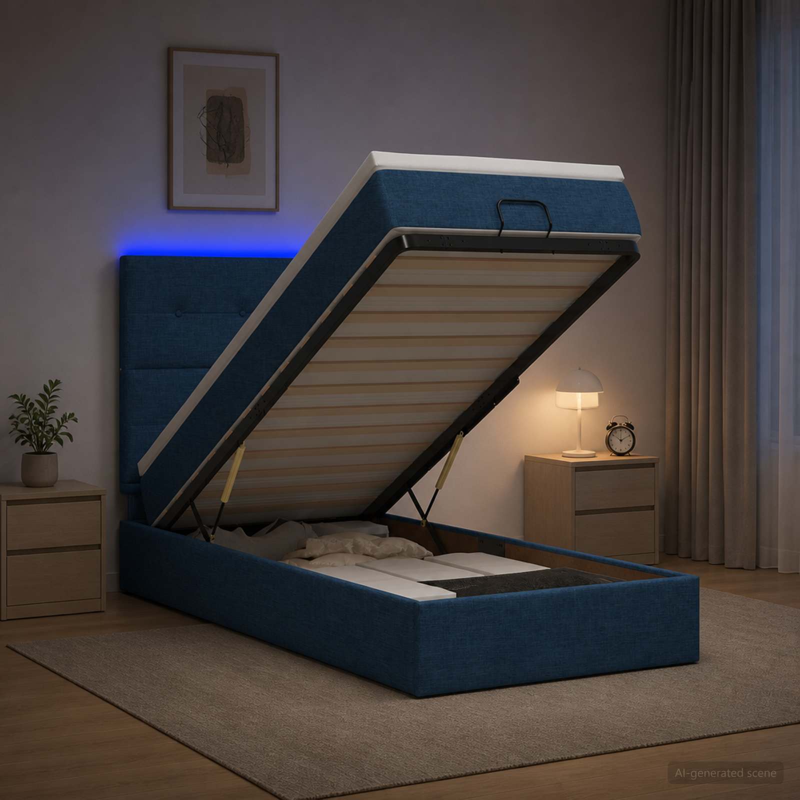 Ottoman-Bett mit Matratze und LED Blau 90 x 200 cm Stoff