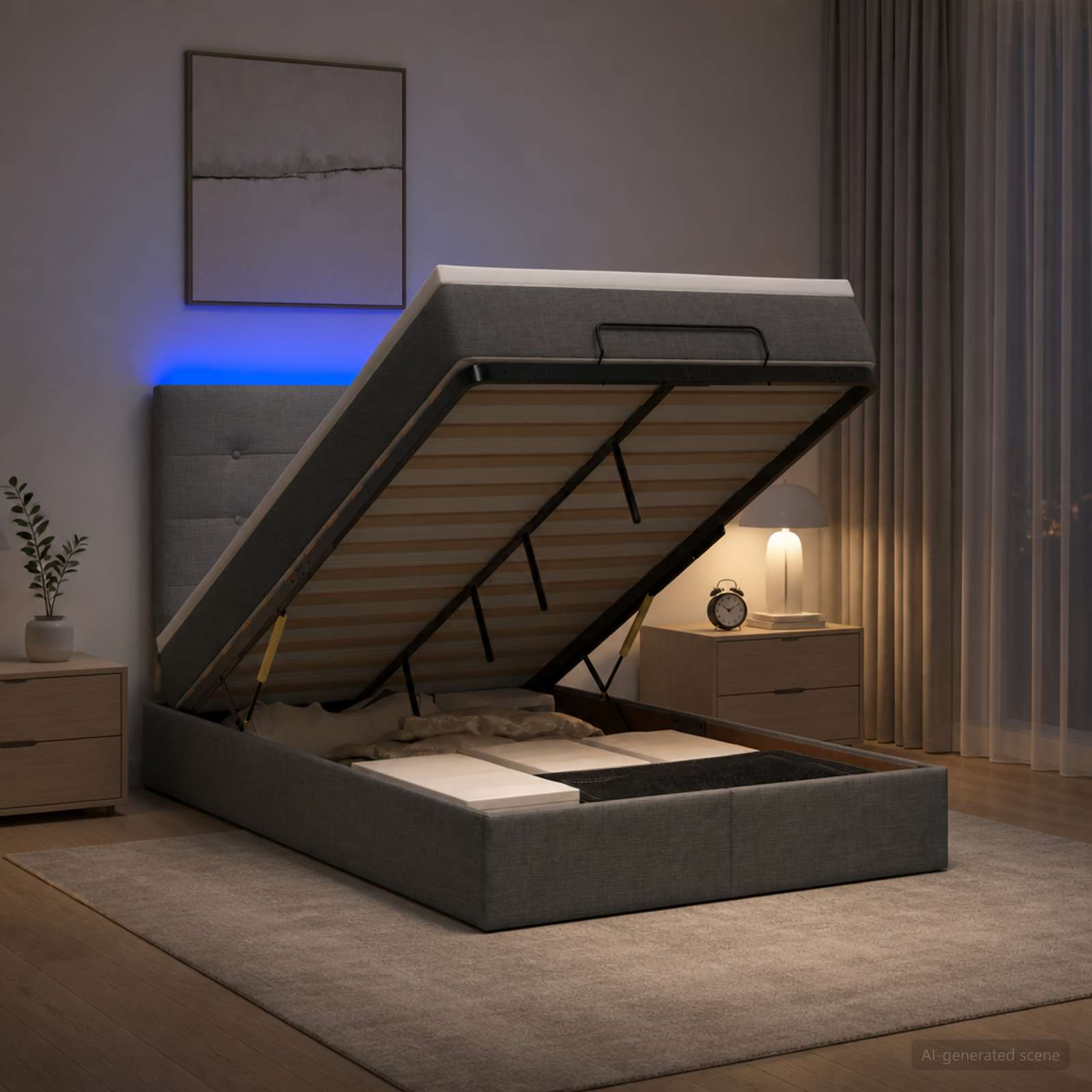 Ottoman-Bett mit Matratze und LED Dunkelgrau 120 x 200 cm Stoff
