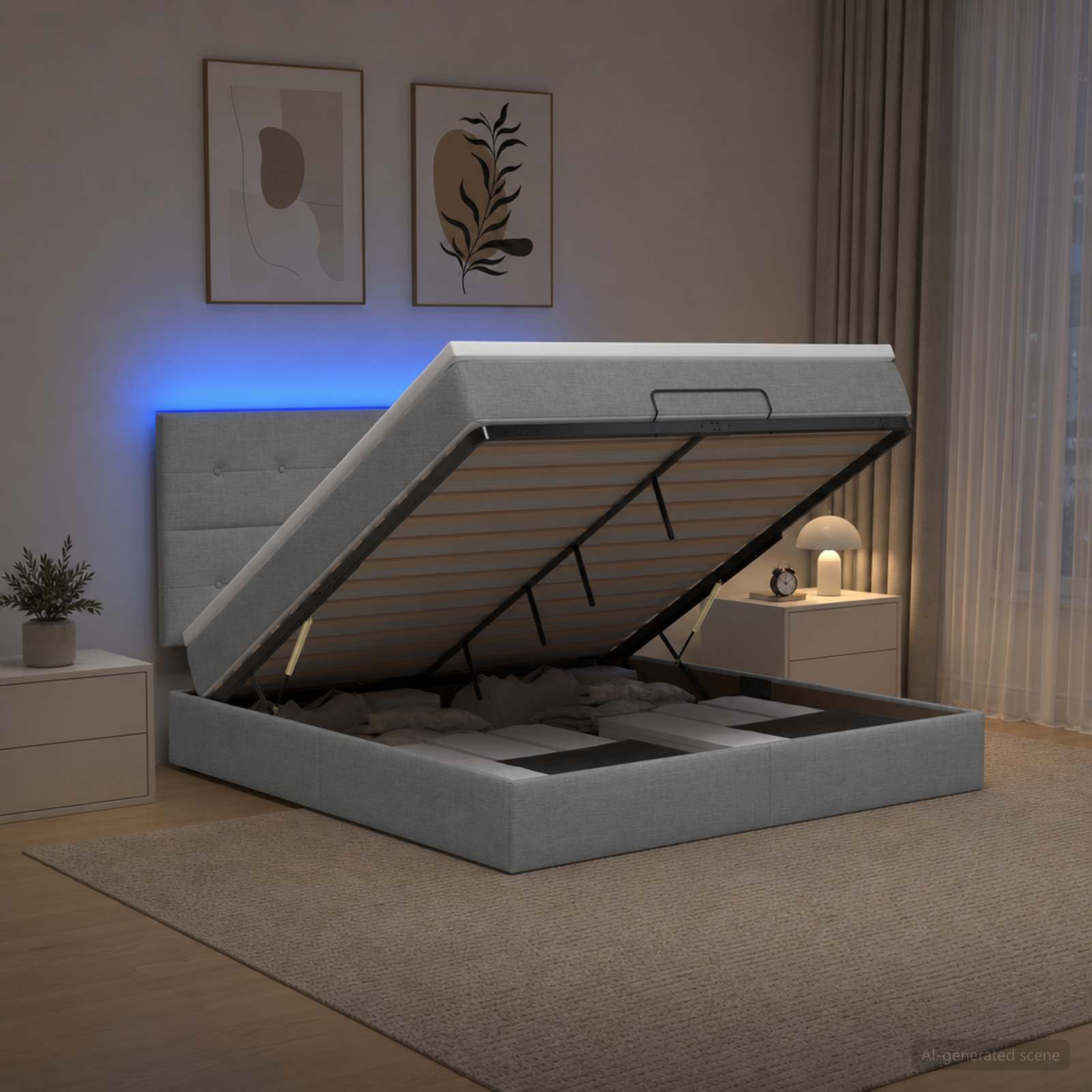 Ottoman-Bett mit Matratze und LED Hellgrau 140 x 200 cm Stoff