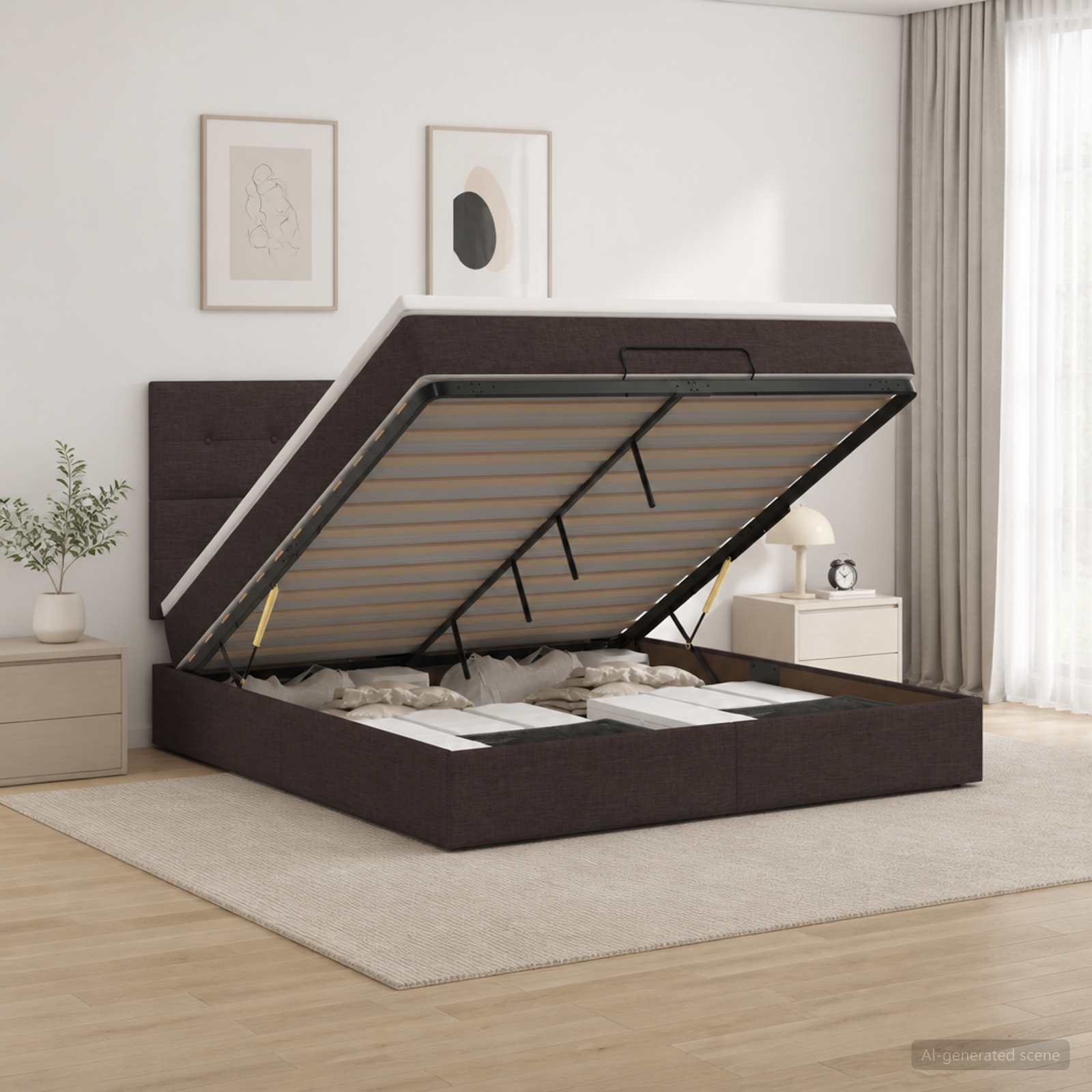 Ottoman Bett mit Matratze Dunkelbraun 140 x 200 cm Stoff