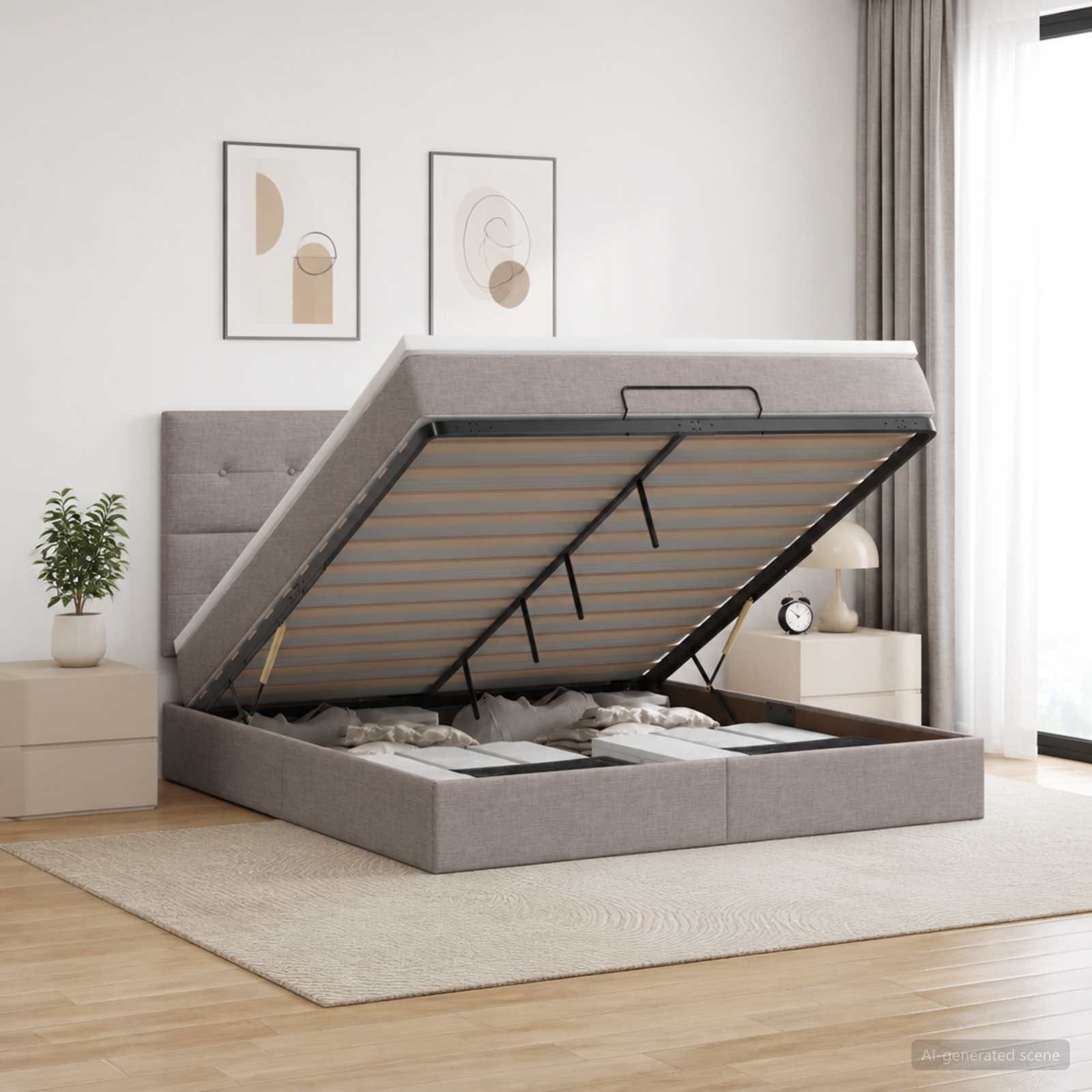 Ottoman Bett mit Matratze mit Kopfteil Taupe 140 x 190 cm Stoff