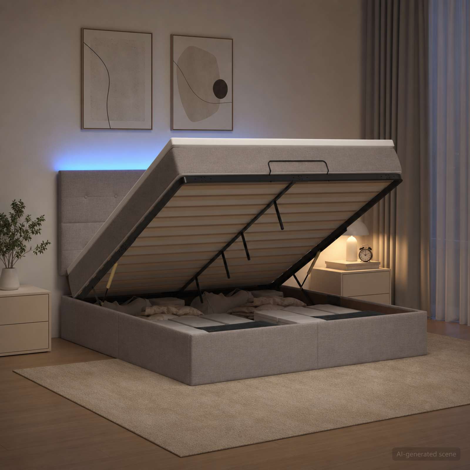 Ottoman-Bett mit Matratze und LED Taupe 140 x 200 cm Stoff