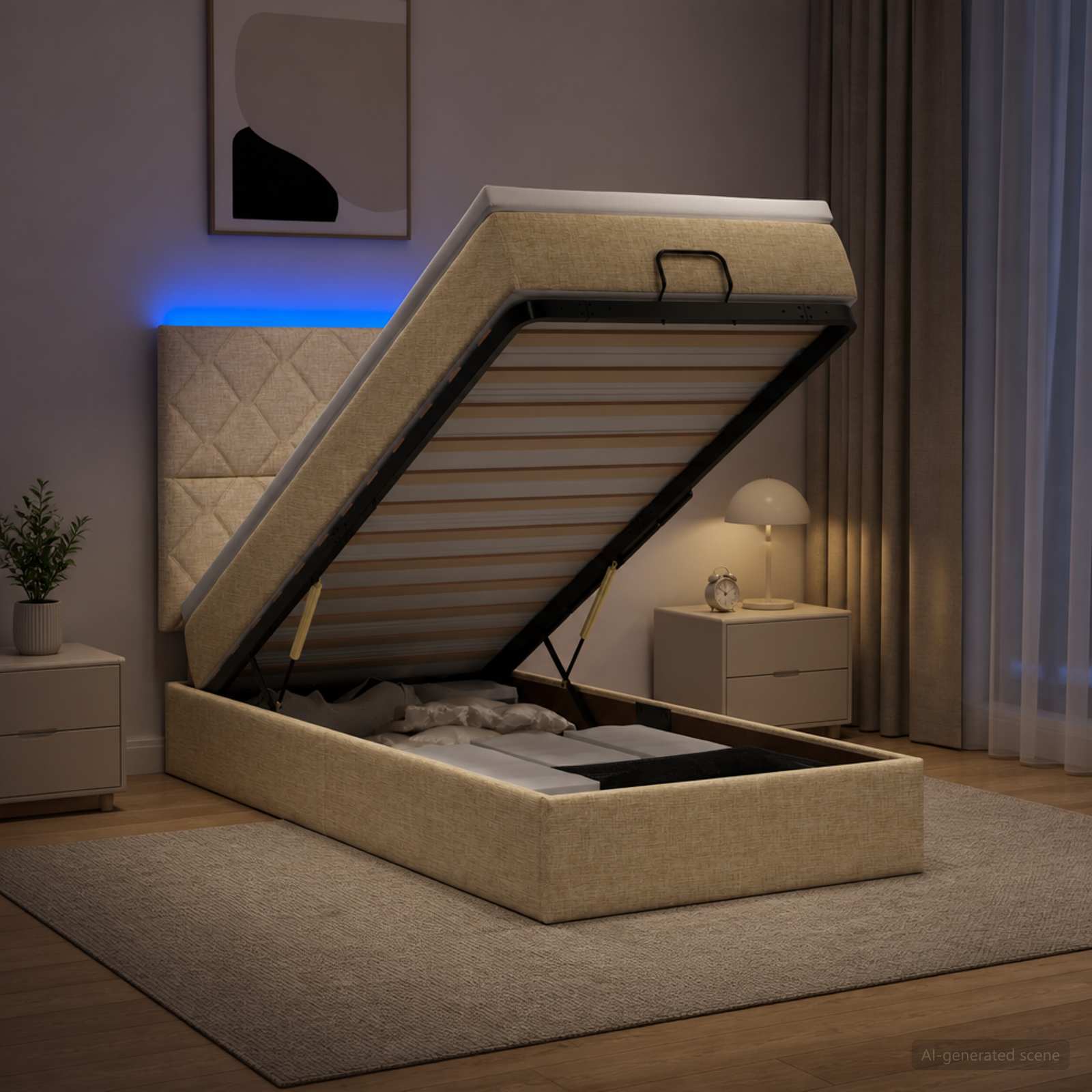 Ottoman-Bett mit Matratze und LED Creme 90 x 200 cm Stoff