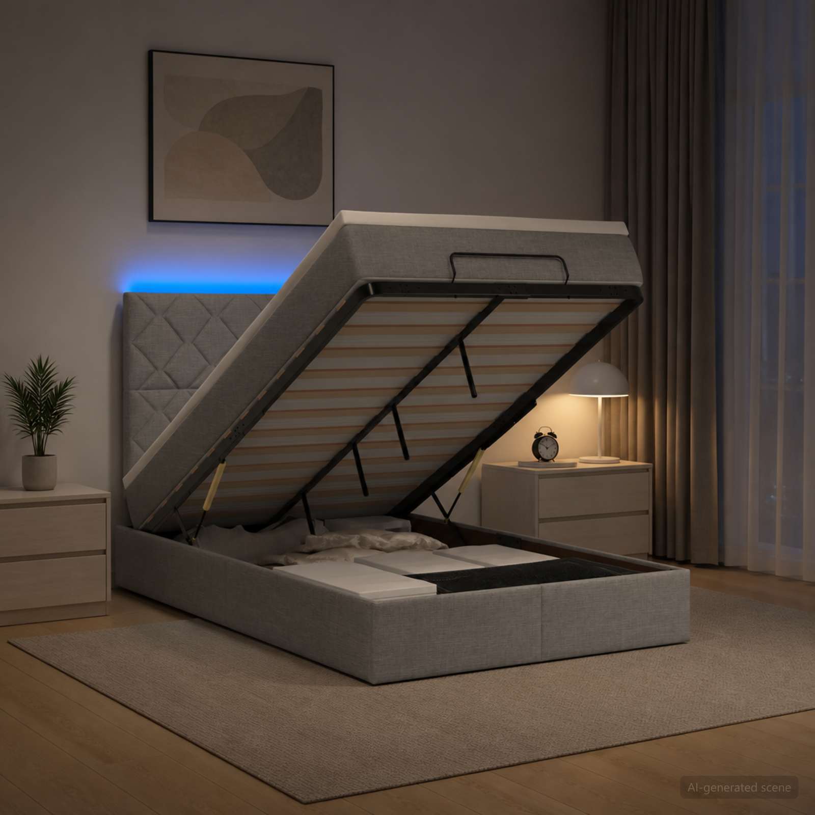 Ottoman-Bett mit Matratze und LED Hellgrau 120 x 200 cm Stoff