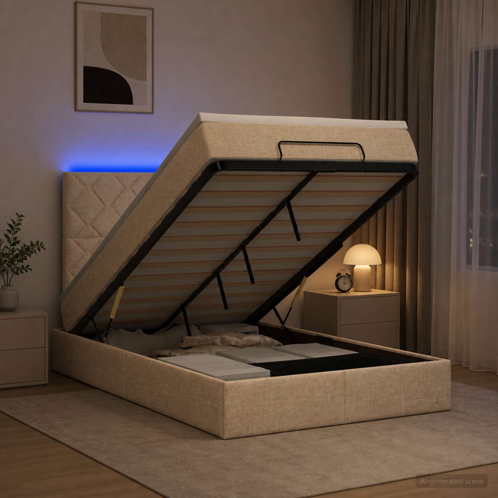 Ottoman-Bett mit Matratze und LED Creme 120 x 200 cm Stoff