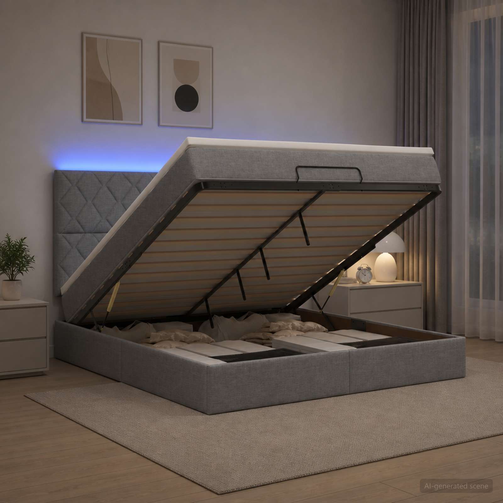 Ottoman-Bett mit Matratze und LED Hellgrau 140 x 190 cm Stoff