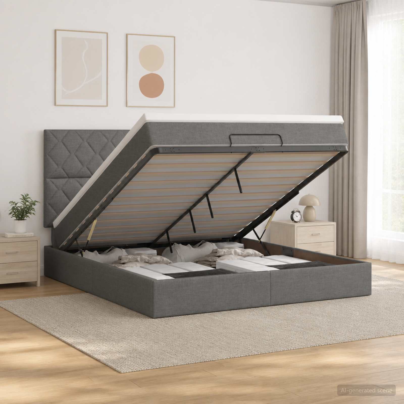 Ottoman-Bett mit Matratze und LED Dunkelgrau 140 x 190 cm Stoff