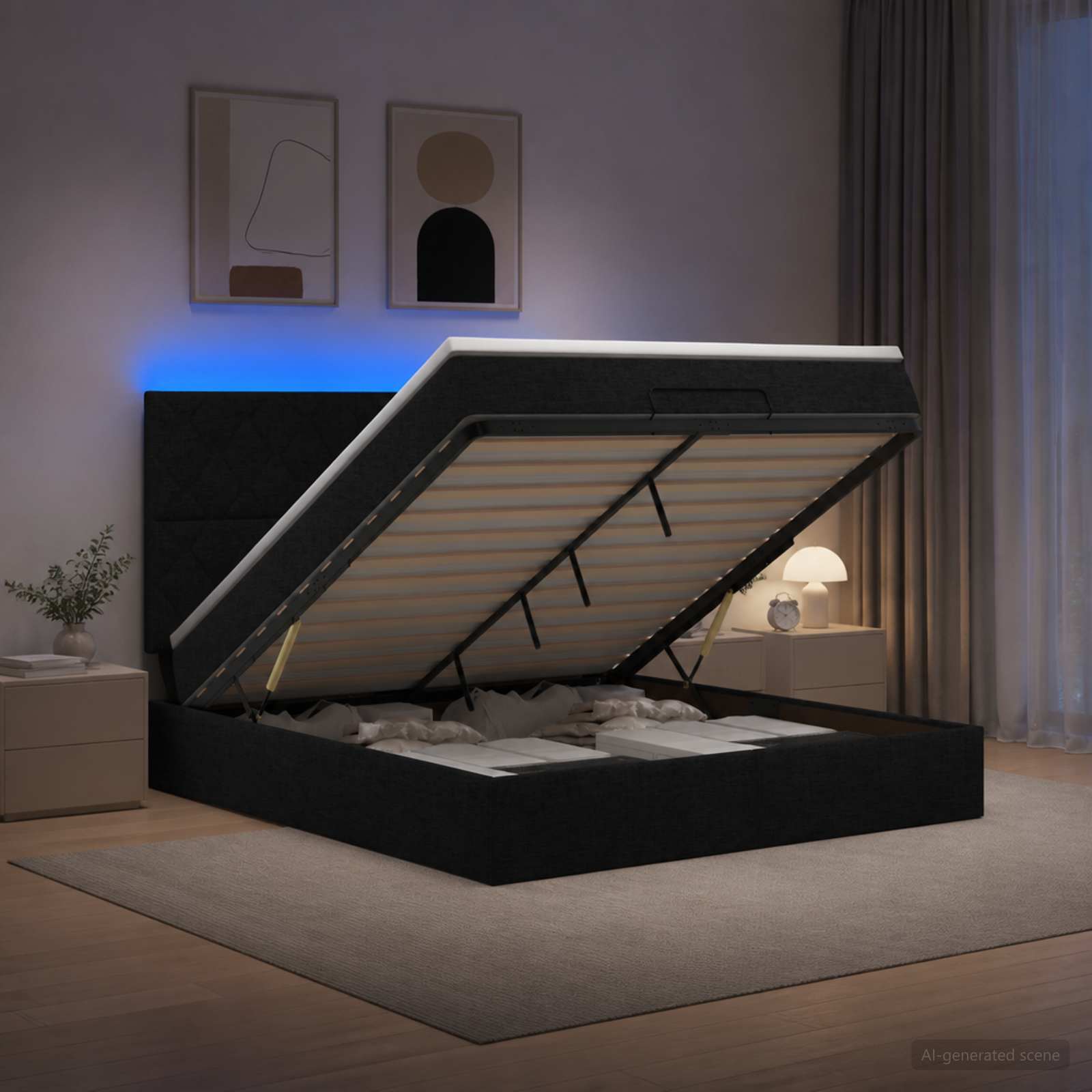 Ottoman-Bett mit Matratze und LED Schwarz 140 x 200 cm Stoff