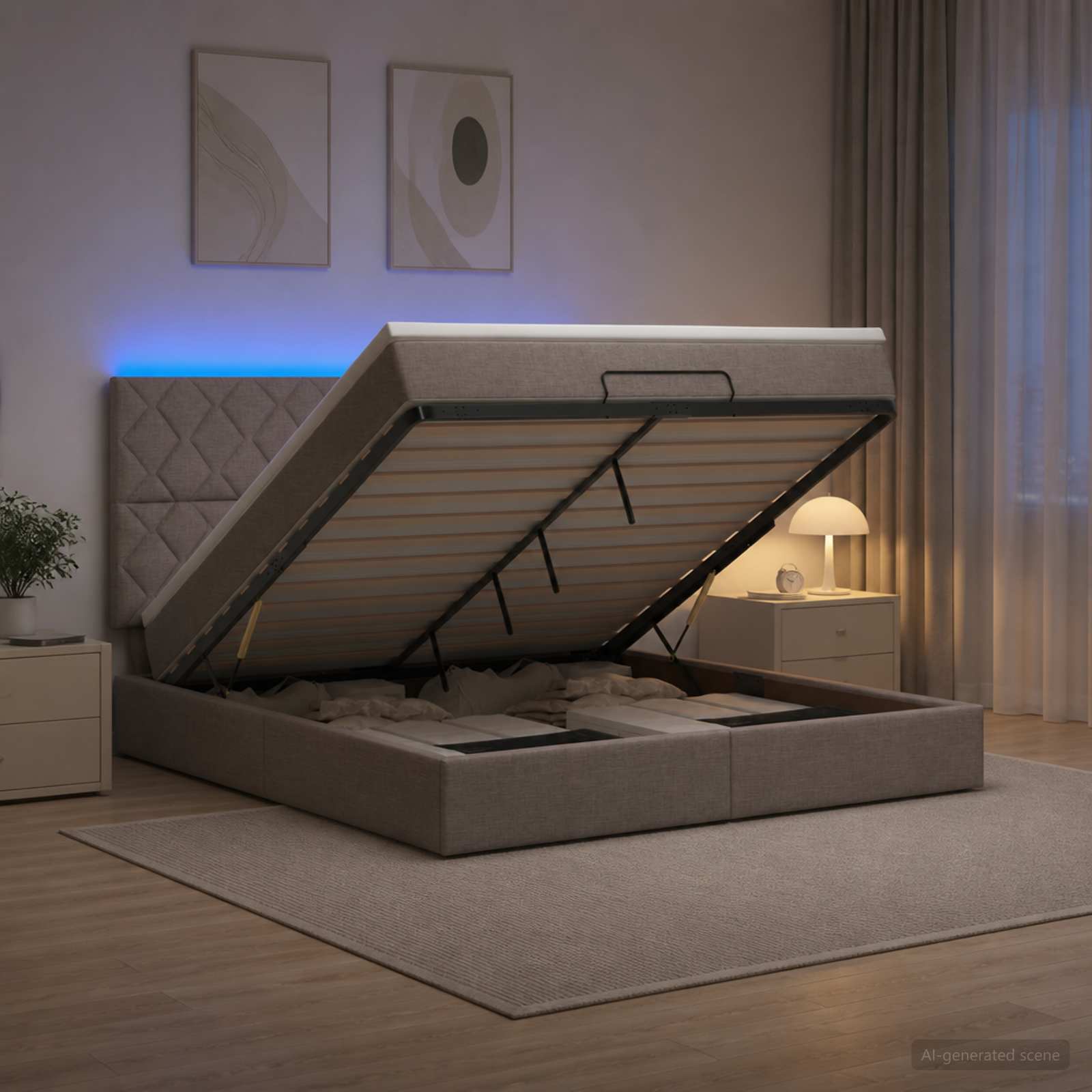 Ottoman-Bett mit Matratze und LED Taupe 140 x 200 cm Stoff