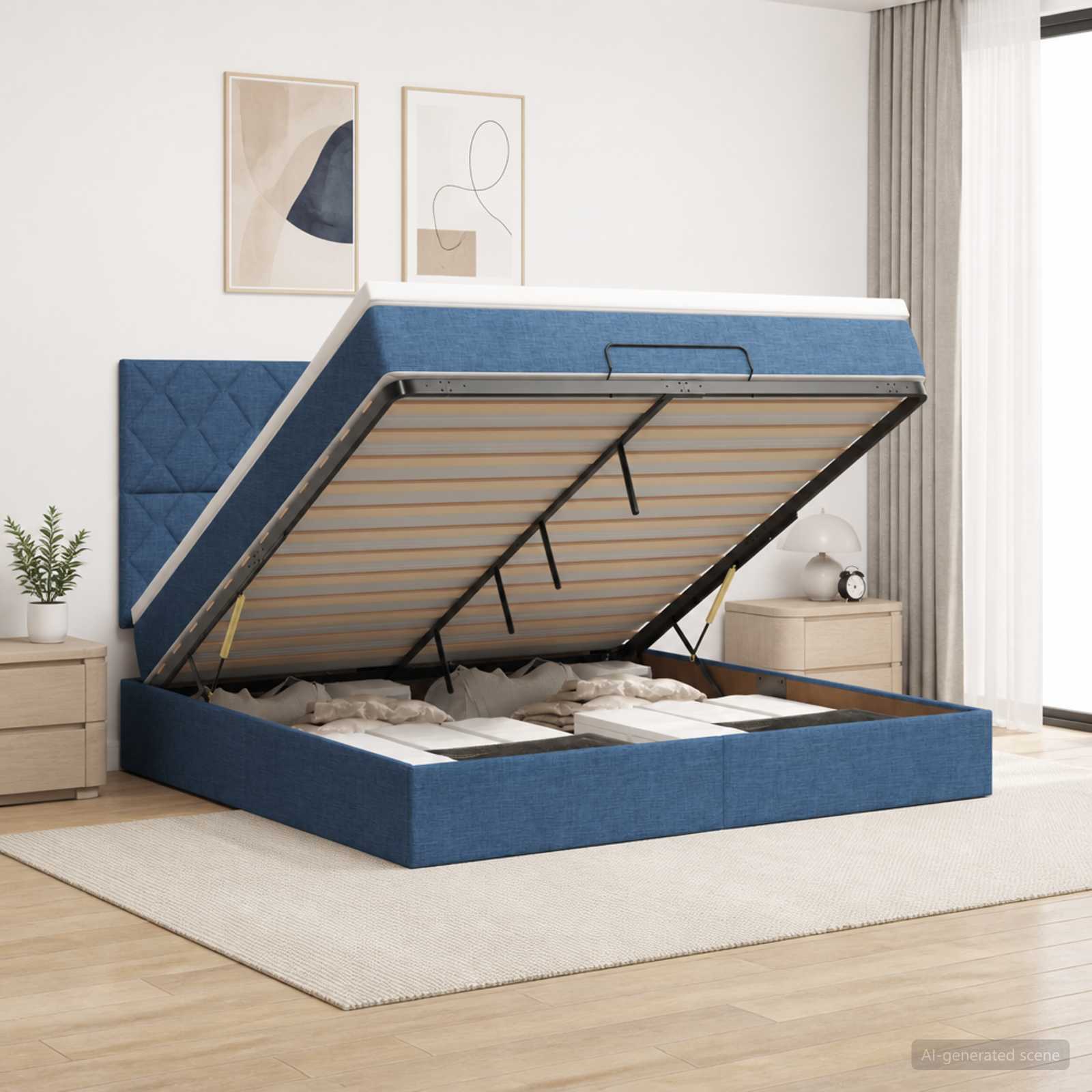 Ottoman-Bett mit Matratze und LED Blau 140 x 190 cm Stoff