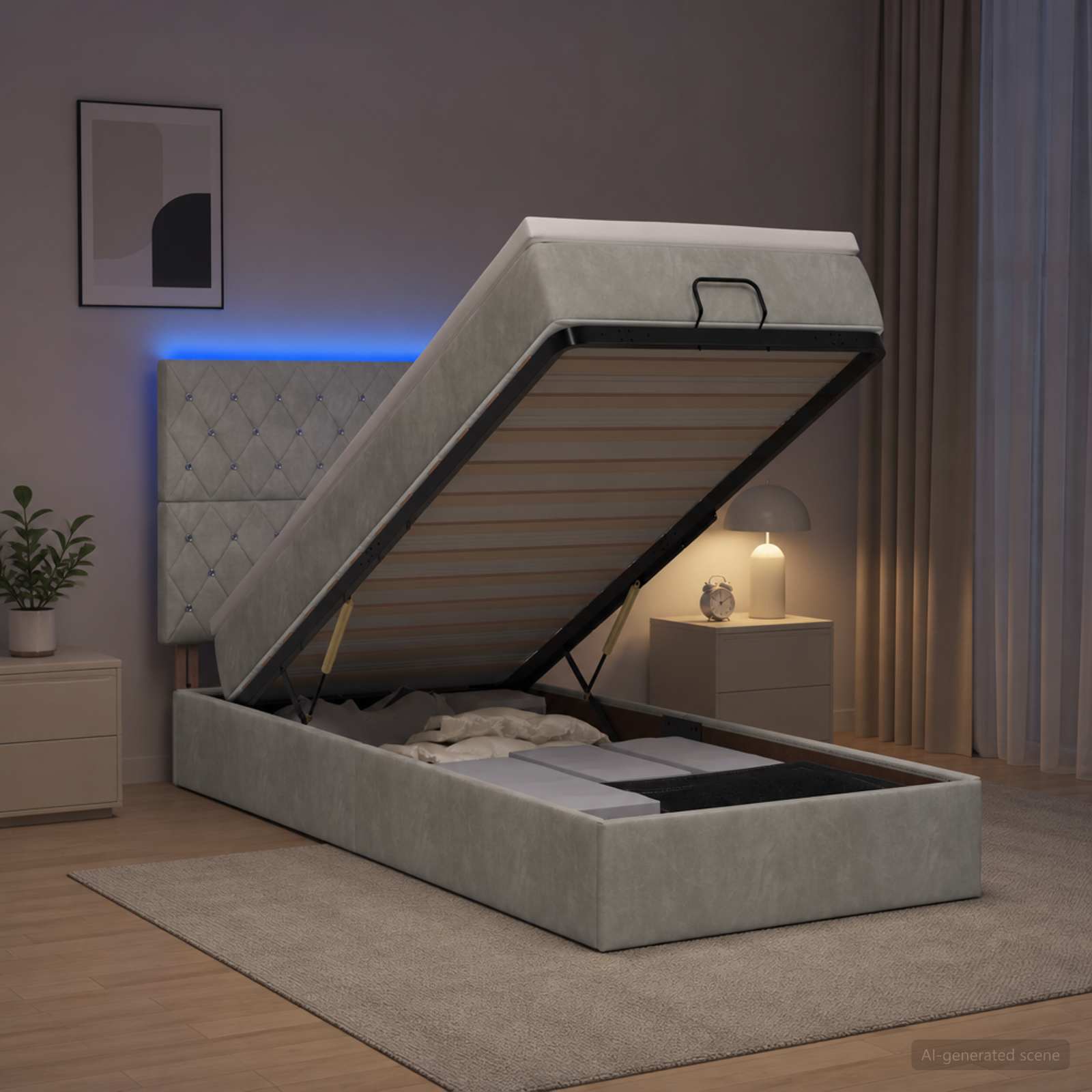 Ottoman-Bett mit Matratze und LED Hellgrau 90 x 200 cm Samt