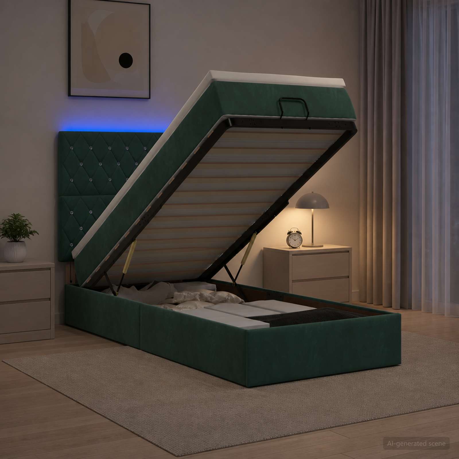 Ottoman-Bett mit Matratze und LED Dunkelgrün 90 x 200 cm Samt
