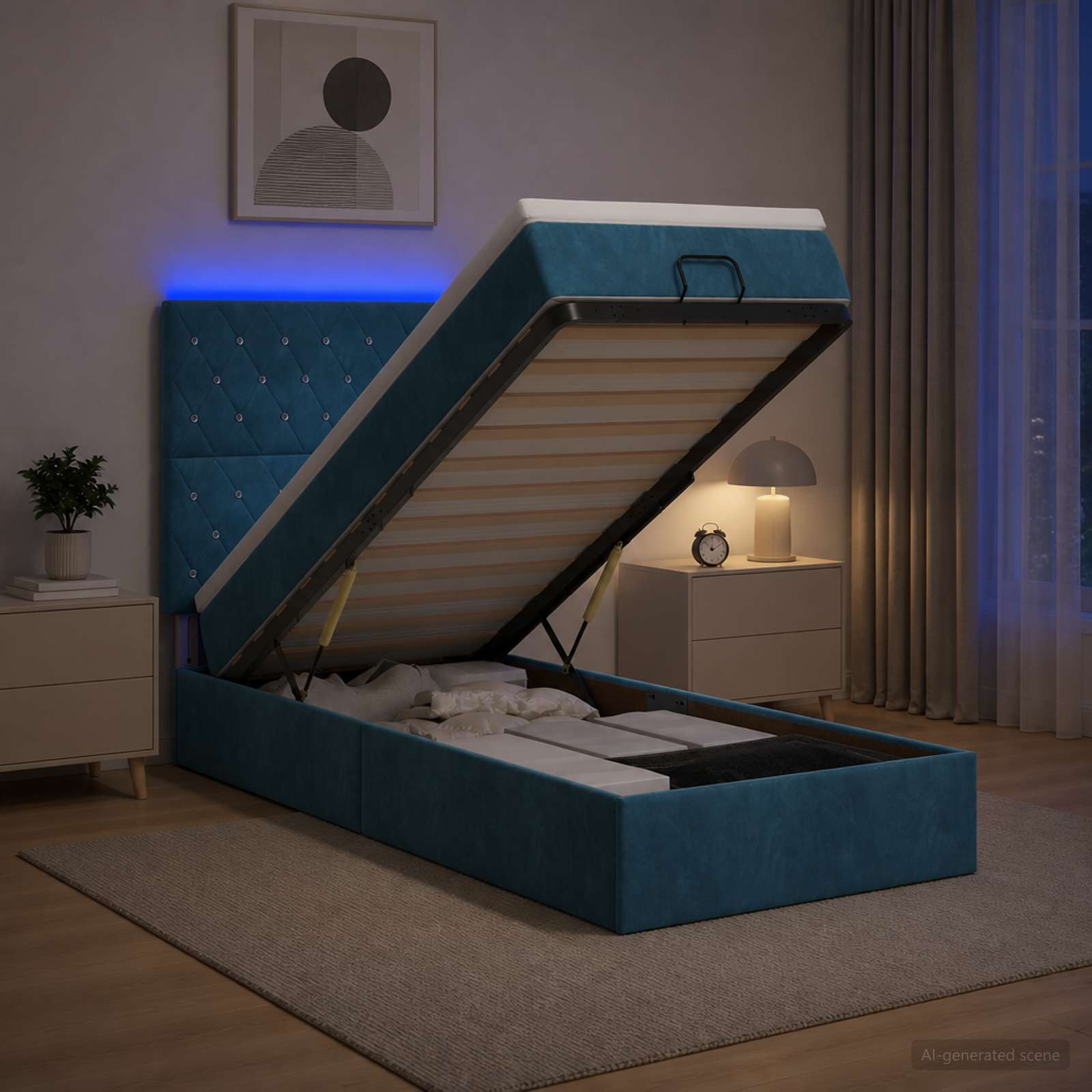 Ottoman-Bett mit Matratze und LED Dunkelblau 80 x 200 cm Samt
