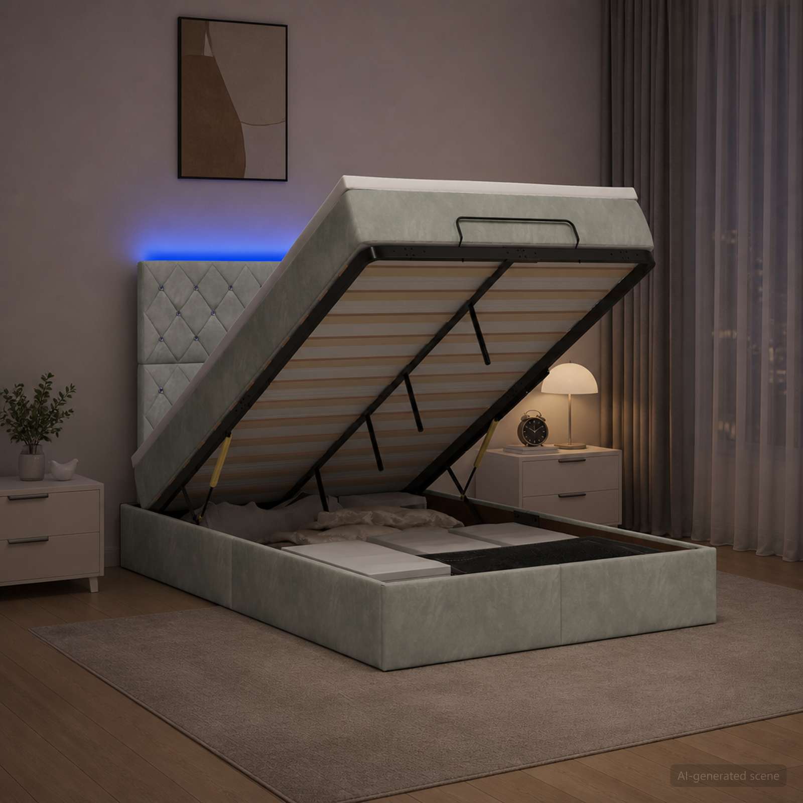 Ottoman-Bett mit Matratze und LED Hellgrau 120 x 190 cm Samt
