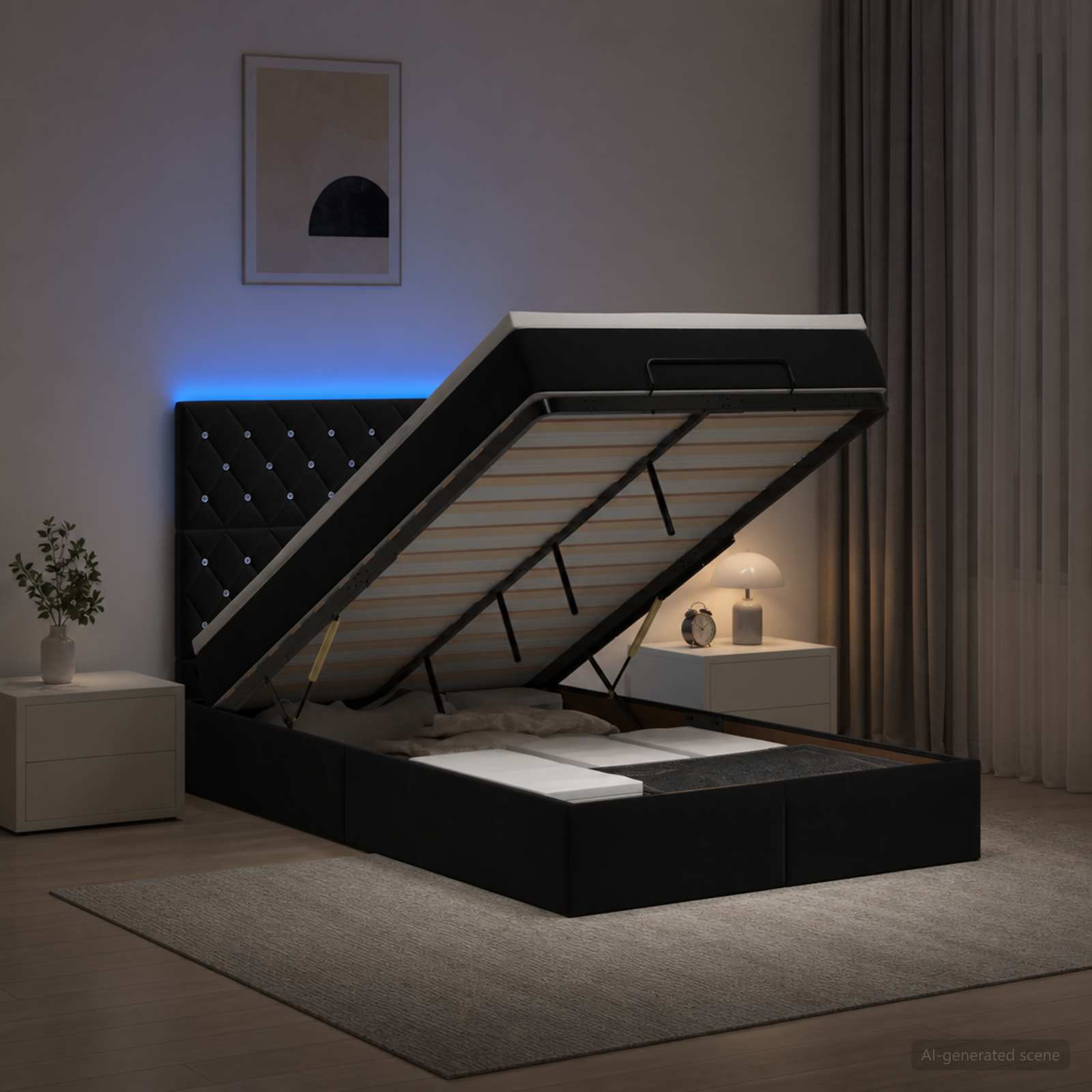 Ottoman-Bett mit Matratze und LED Schwarz 120 x 190 cm Samt