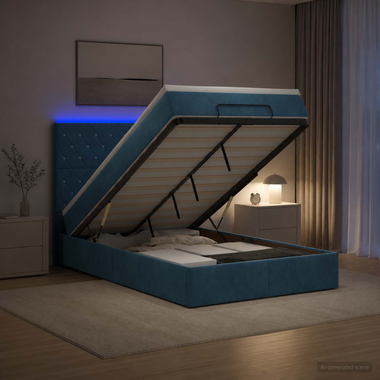 Ottoman-Bett mit Matratze und LED Dunkelblau 120 x 200 cm Samt