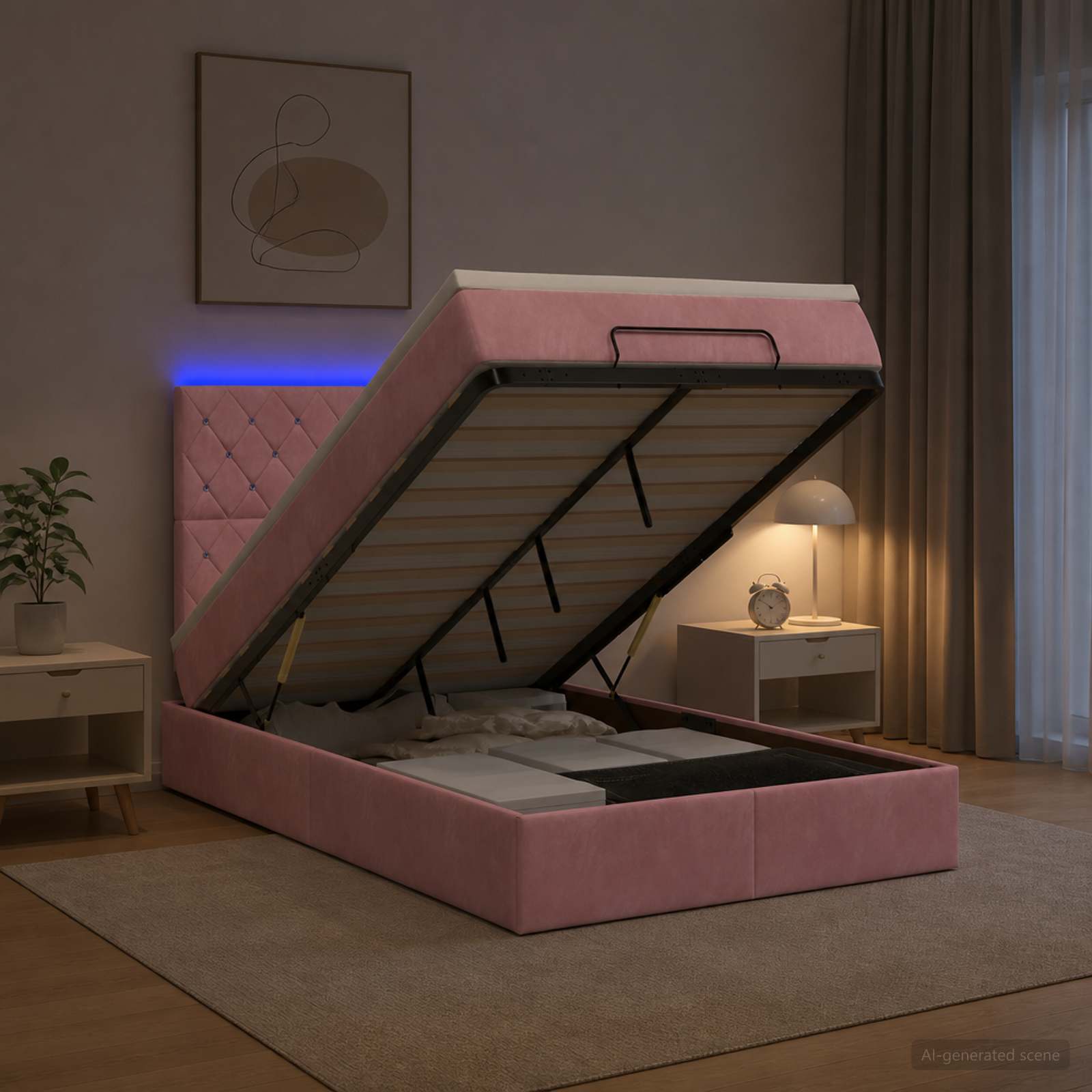 Ottoman-Bett mit Matratze und LED Rosa 120 x 200 cm Samt
