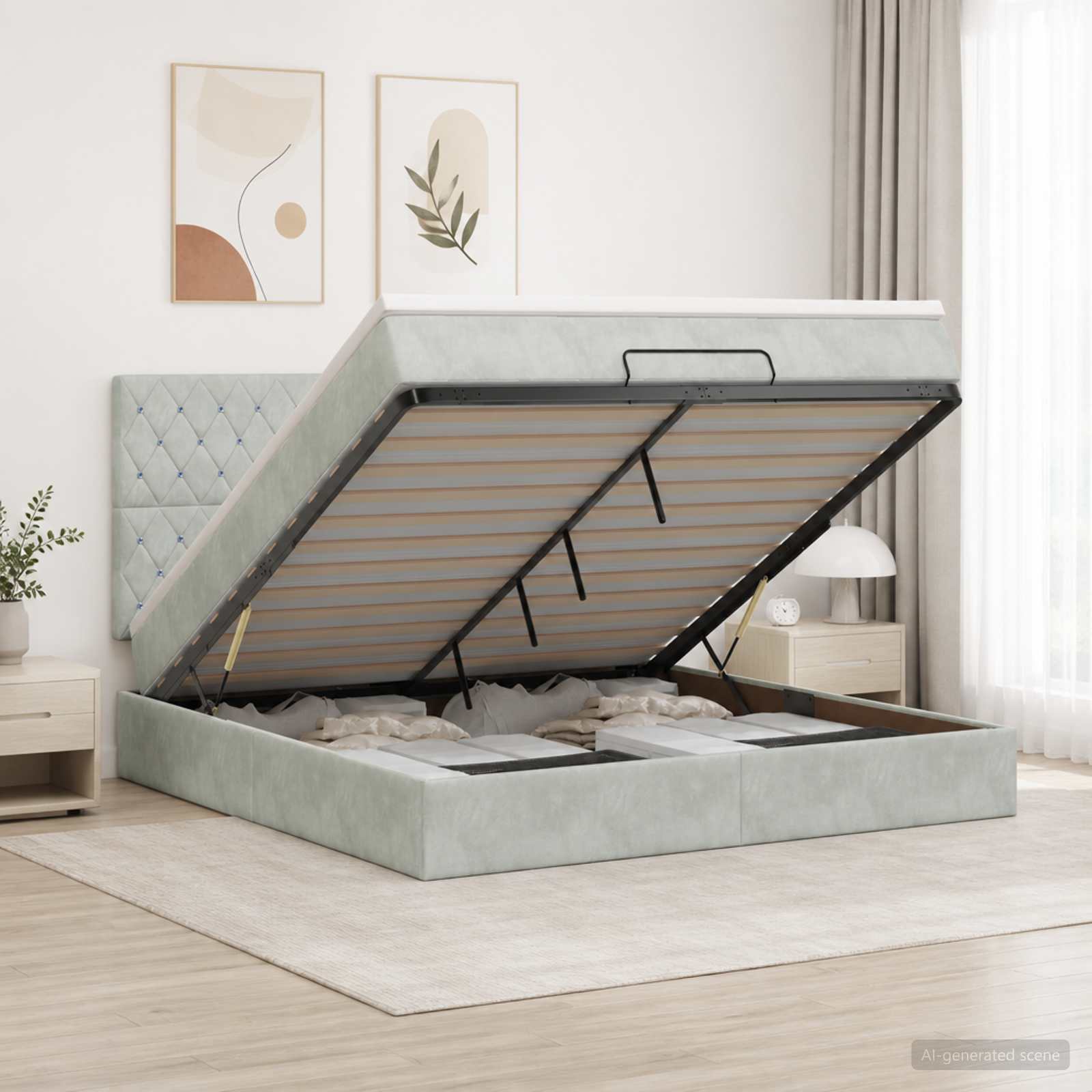 Ottoman-Bett mit Matratze und LED Hellgrau 140 x 190 cm Samt