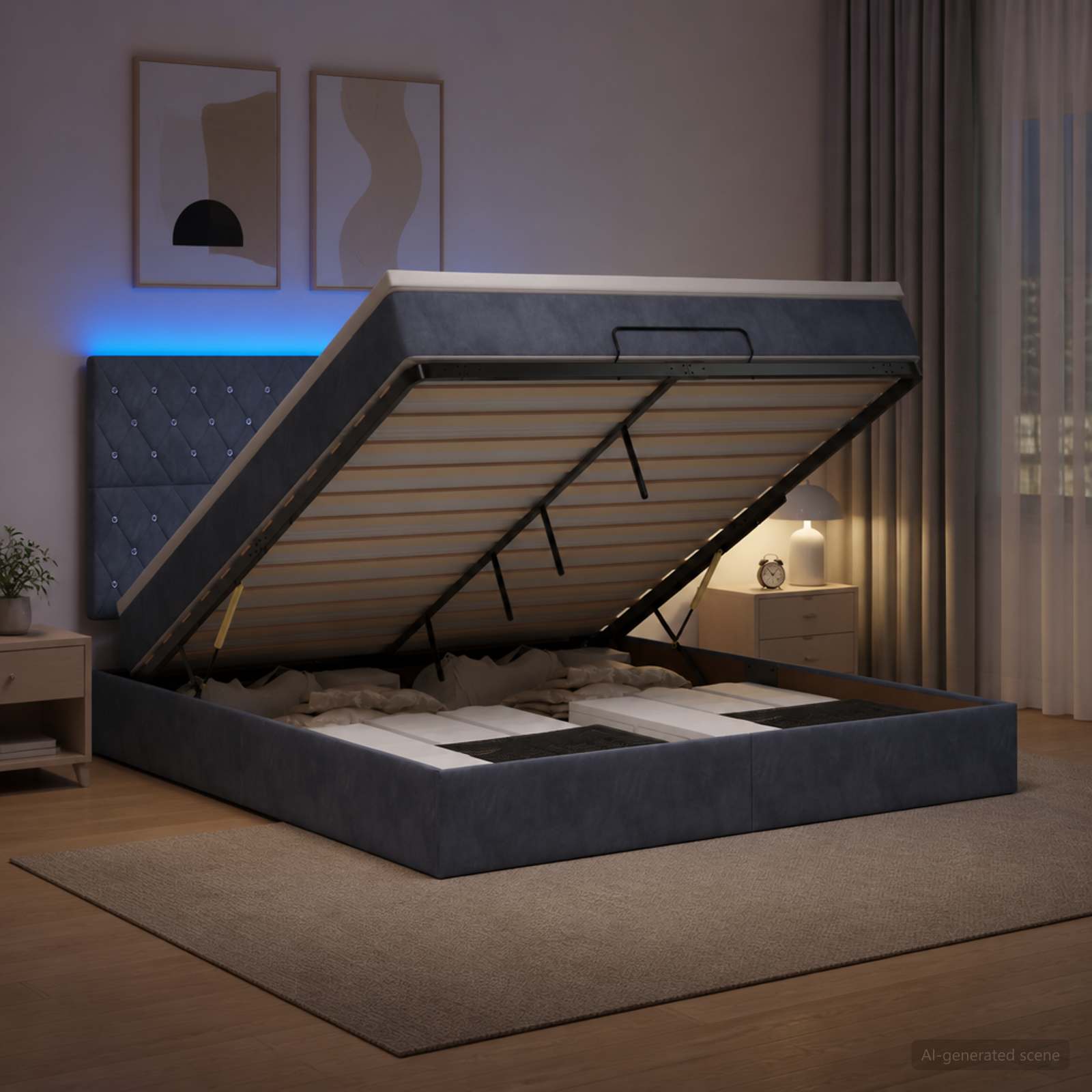 Ottoman-Bett mit Matratze und LED Dunkelgrau 140 x 190 cm Samt
