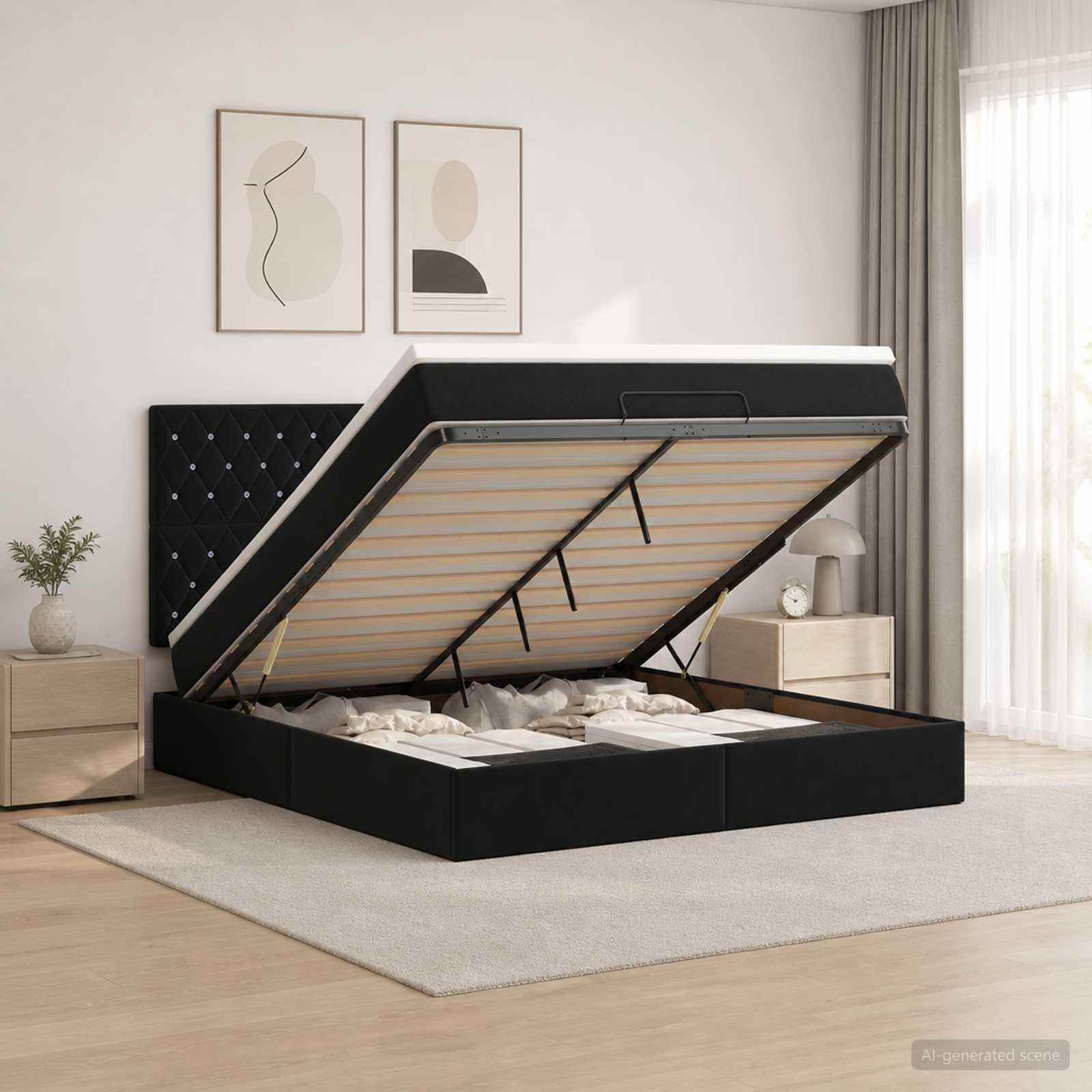 Ottoman Bett mit Matratze Schwarz 140 x 190 cm Samt