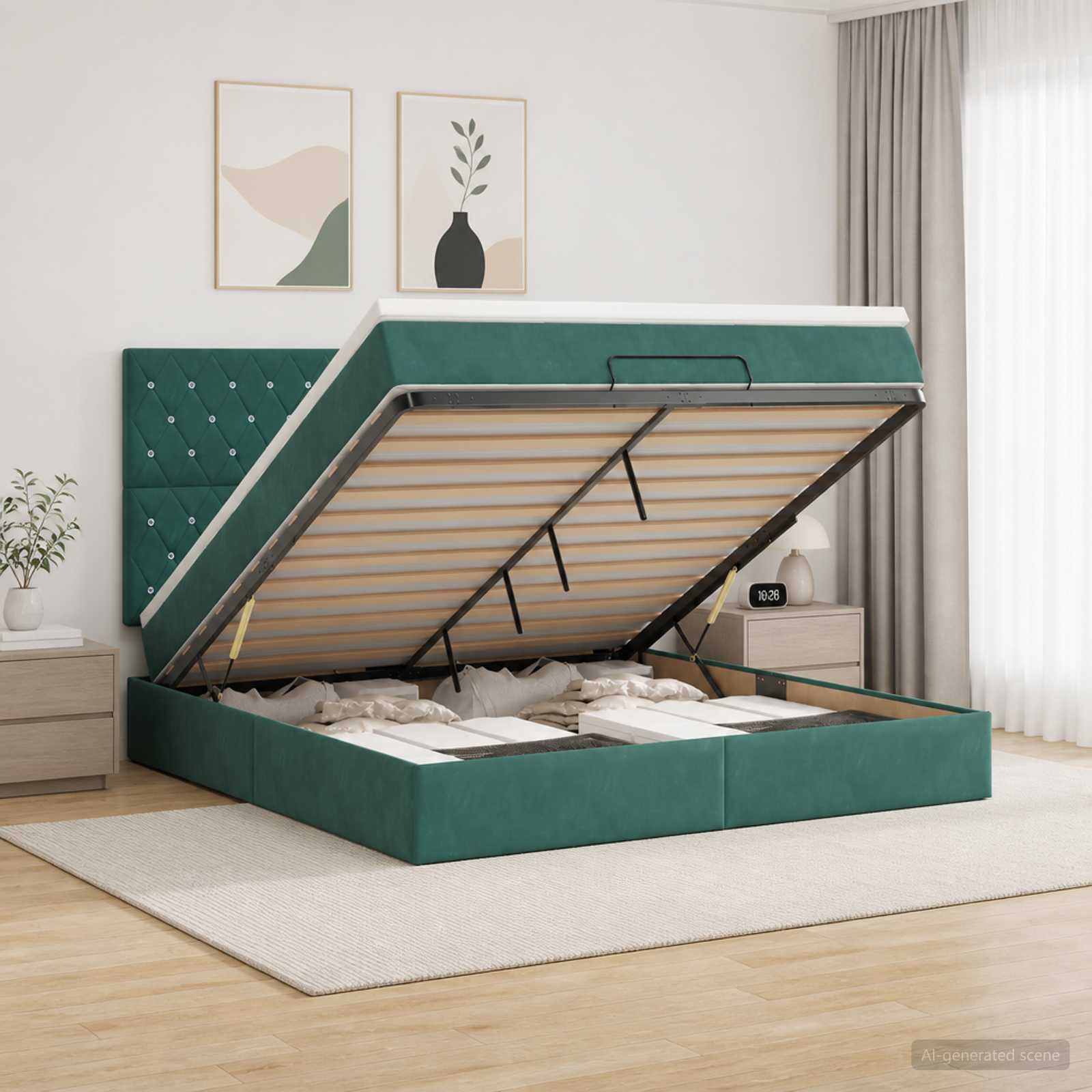 Ottoman-Bett mit Matratze und LED Dunkelgrün 140 x 190 cm Samt