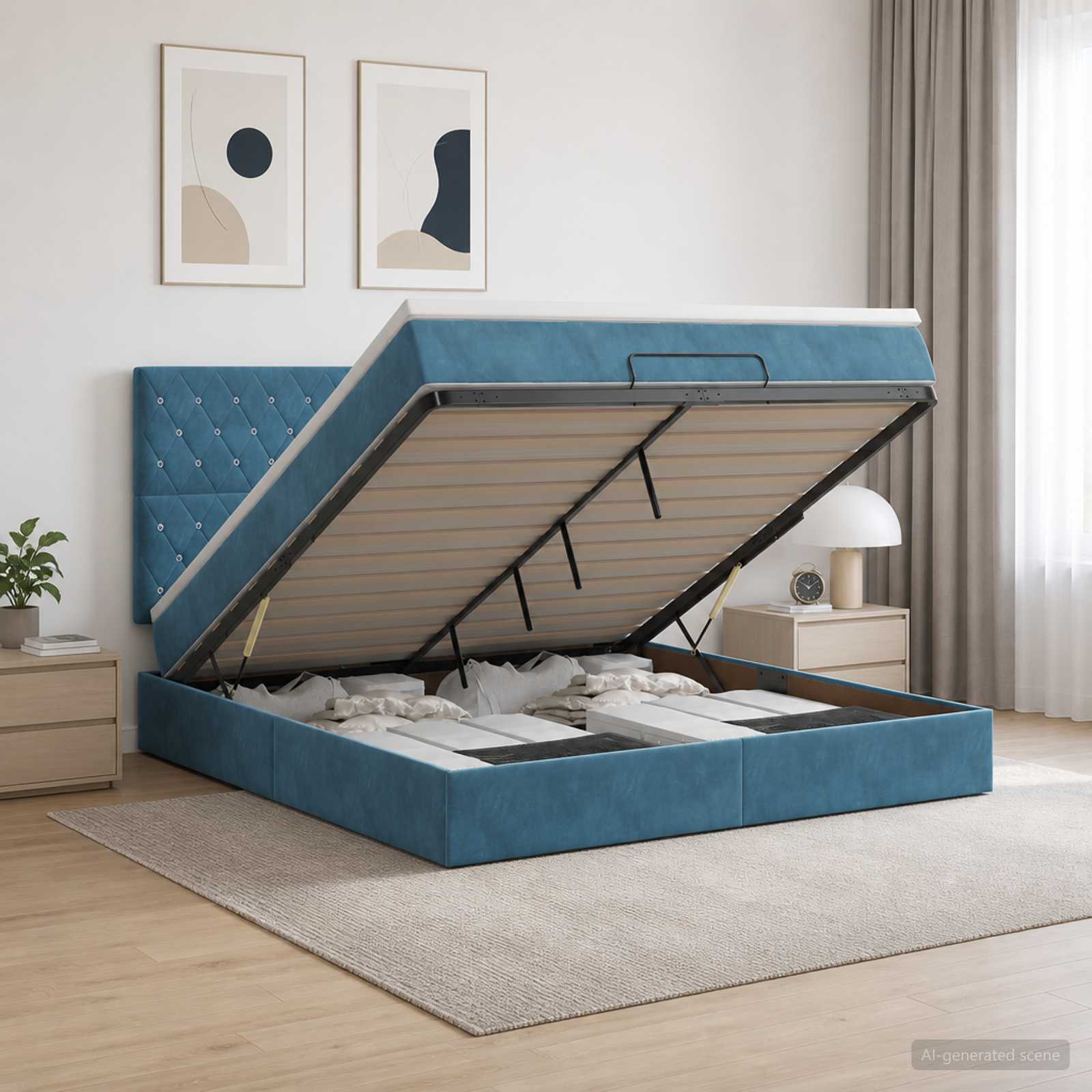 Ottoman Bett mit Matratze Dunkelblau 140 x 190 cm Samt