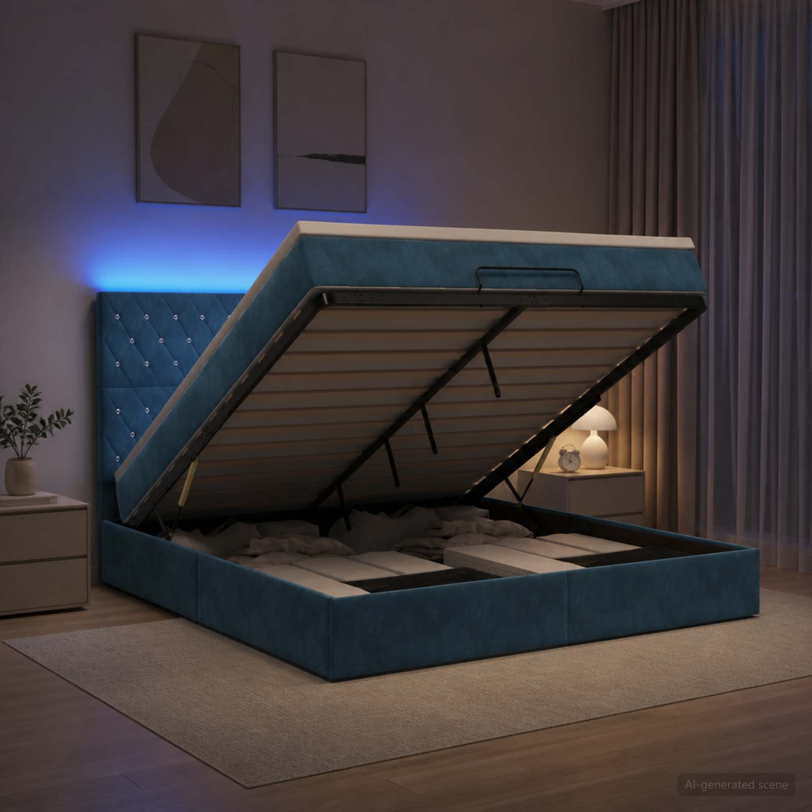 Ottoman-Bett mit Matratze und LED Dunkelblau 140 x 190 cm Samt