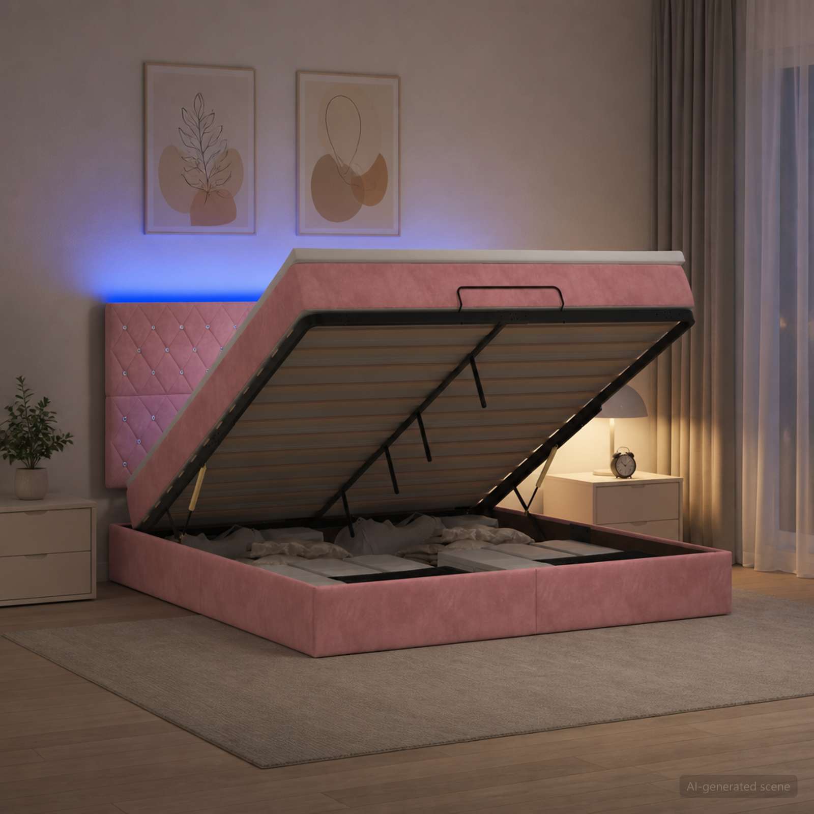 Ottoman-Bett mit Matratze und LED Rosa 140 x 190 cm Samt