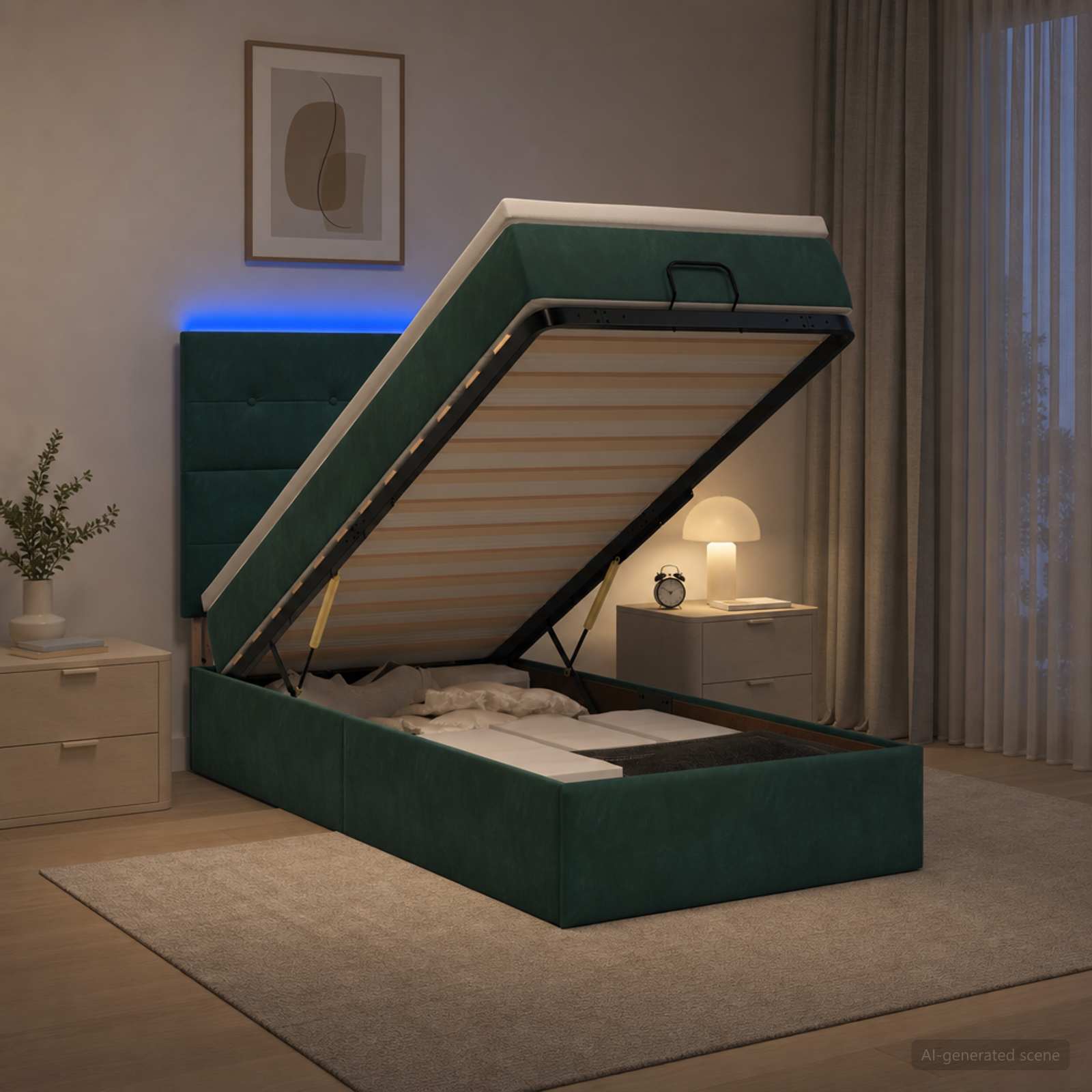 Ottoman-Bett mit Matratze und LED Dunkelgrün 100 x 200 cm Samt