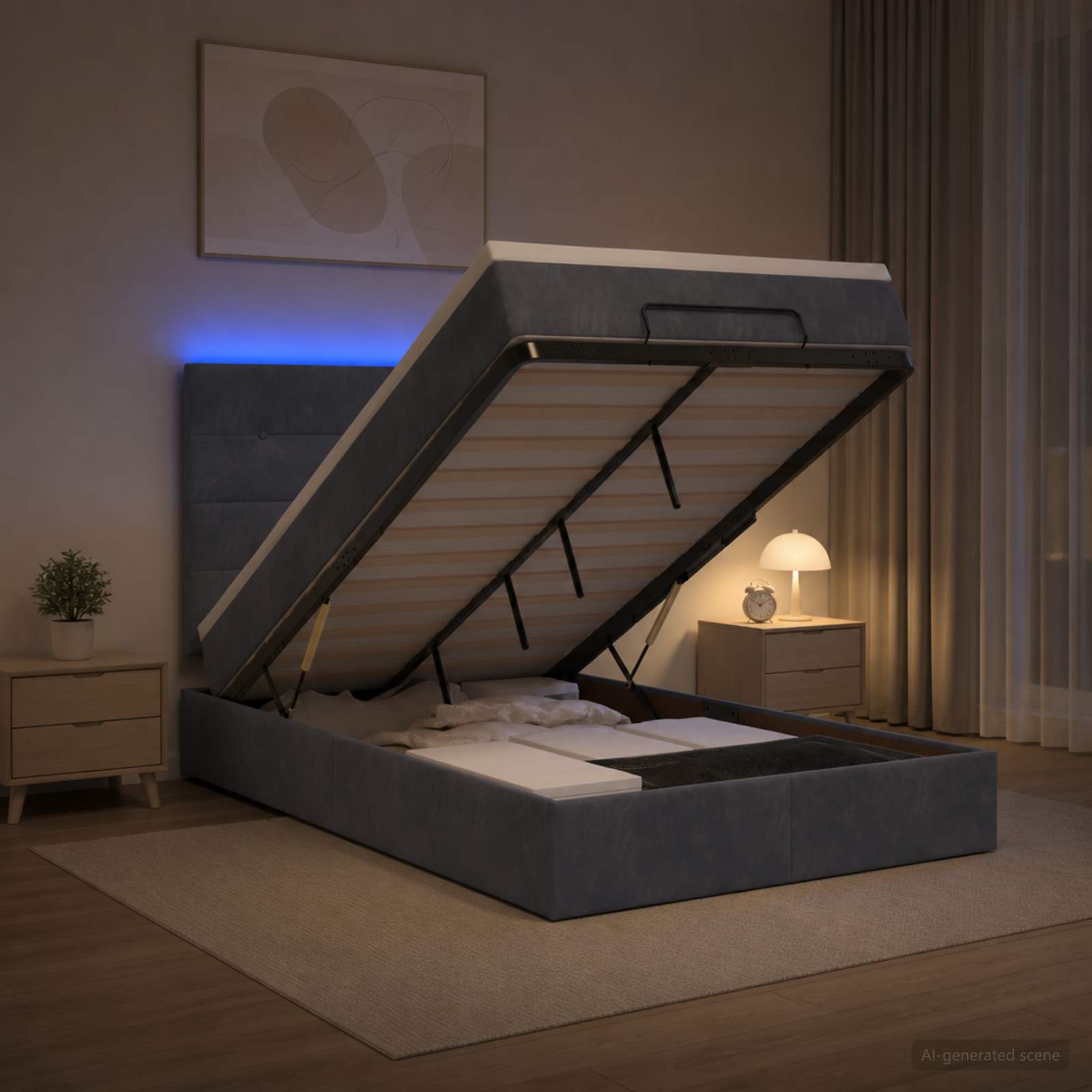 Ottoman-Bett mit Matratze und LED Dunkelgrau 120 x 190 cm Samt
