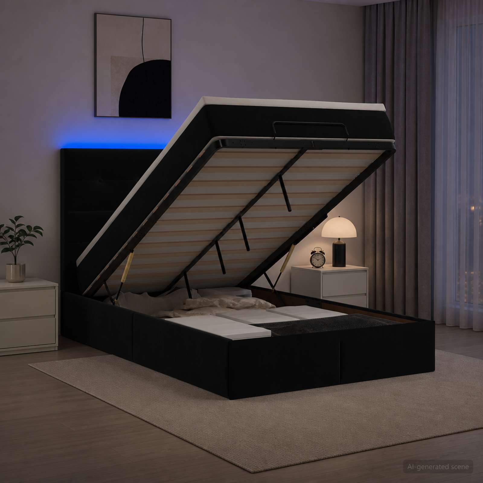 Ottoman-Bett mit Matratze und LED Schwarz 120 x 190 cm Samt