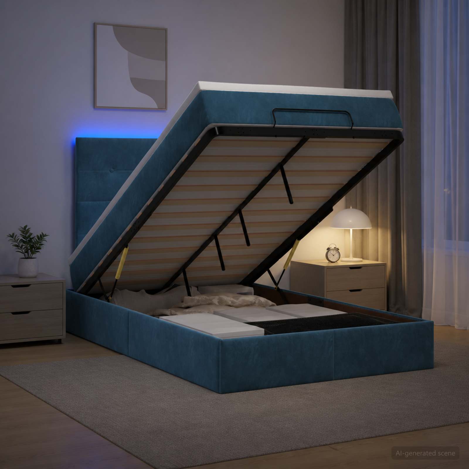Ottoman-Bett mit Matratze und LED Dunkelblau 120 x 200 cm Samt