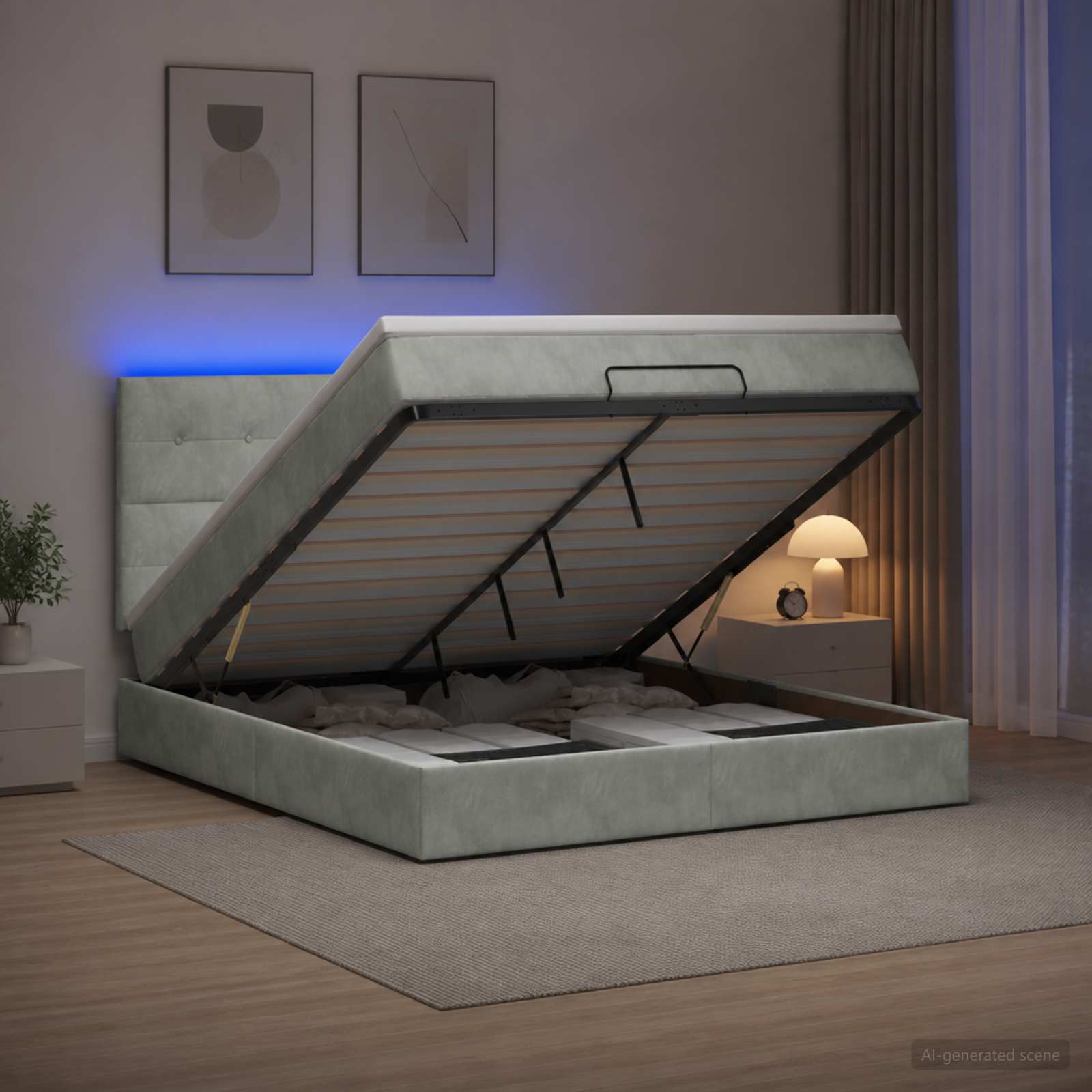 Ottoman-Bett mit Matratze und LED Hellgrau 140 x 190 cm Samt
