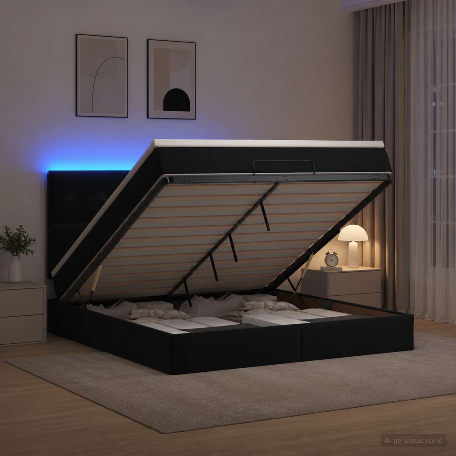 Ottoman-Bett mit Matratze und LED Schwarz 140 x 190 cm Samt