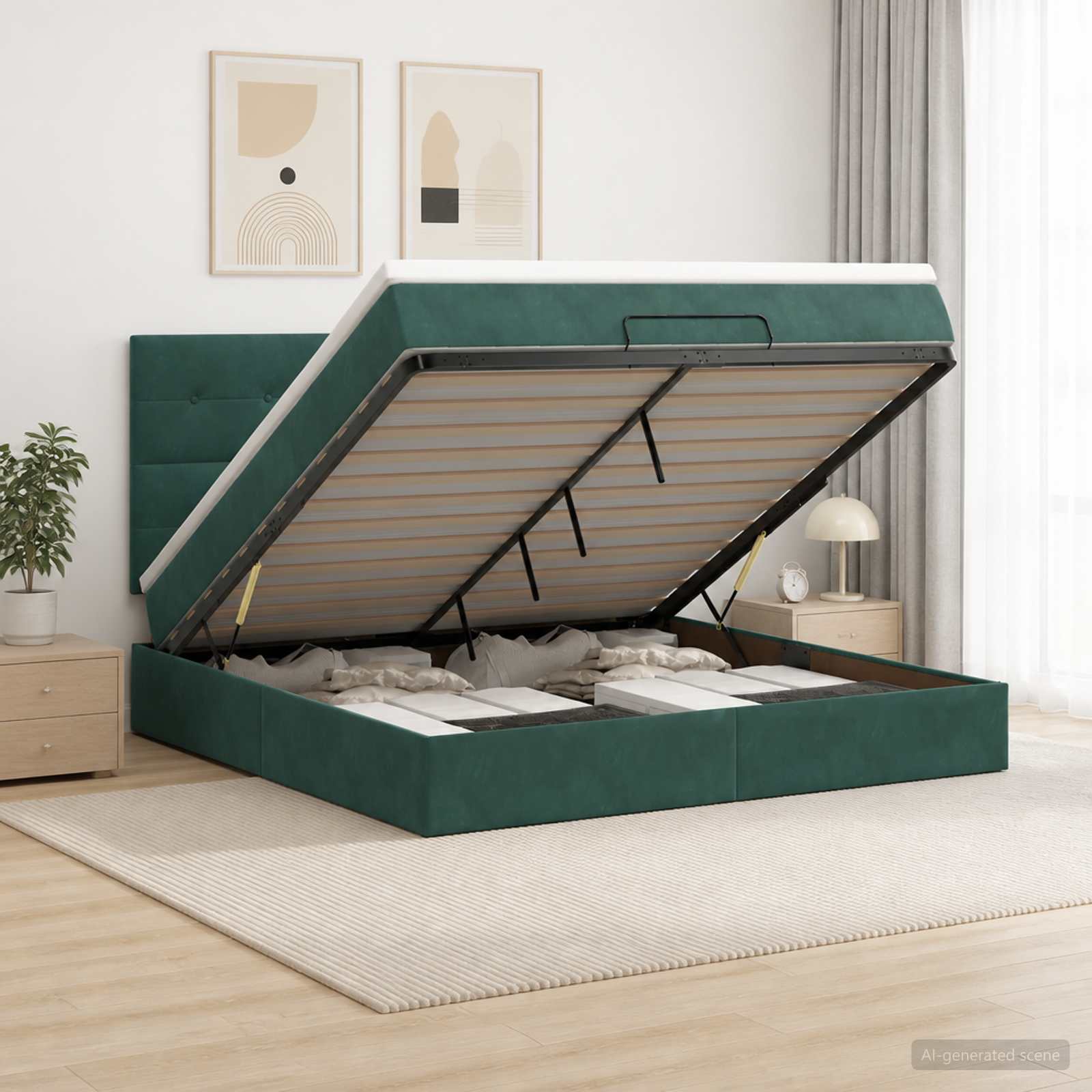 Ottoman Bett mit Matratze Dunkelgrün 140 x 190 cm Samt