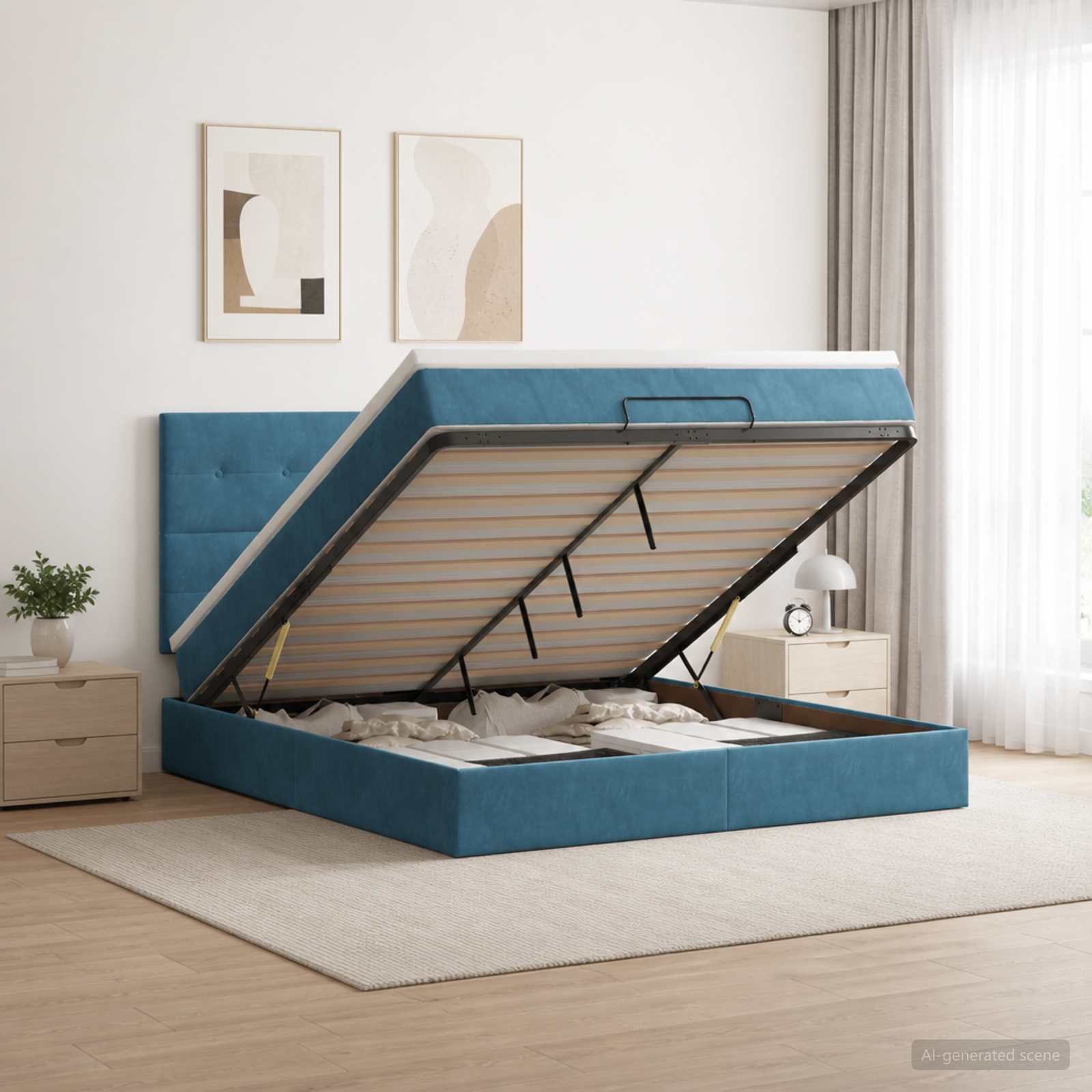 Ottoman Bett mit Matratze Dunkelblau 140 x 190 cm Samt