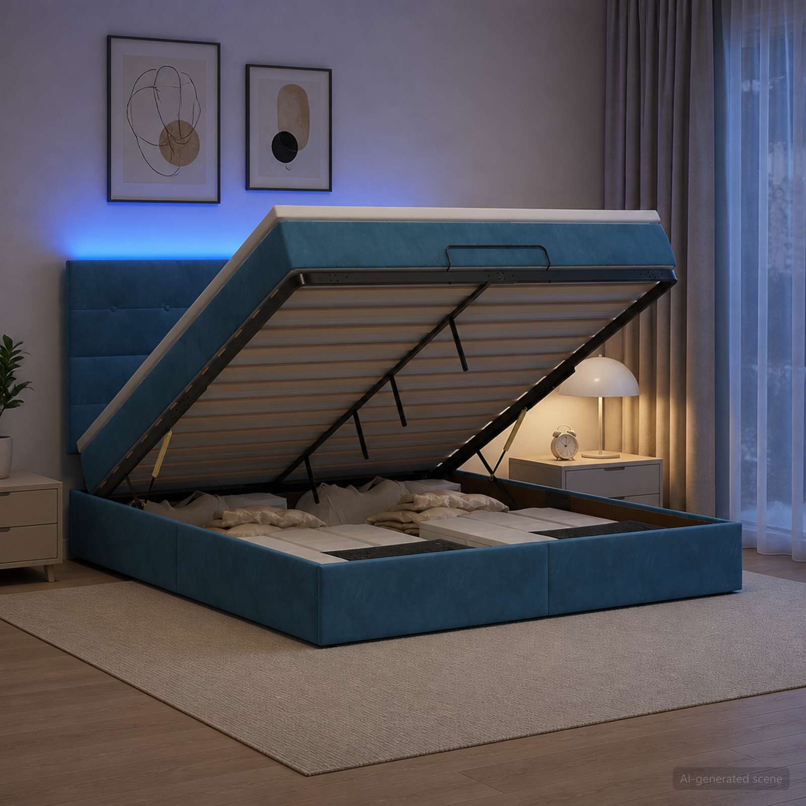 Ottoman-Bett mit Matratze und LED Dunkelblau 140 x 190 cm Samt