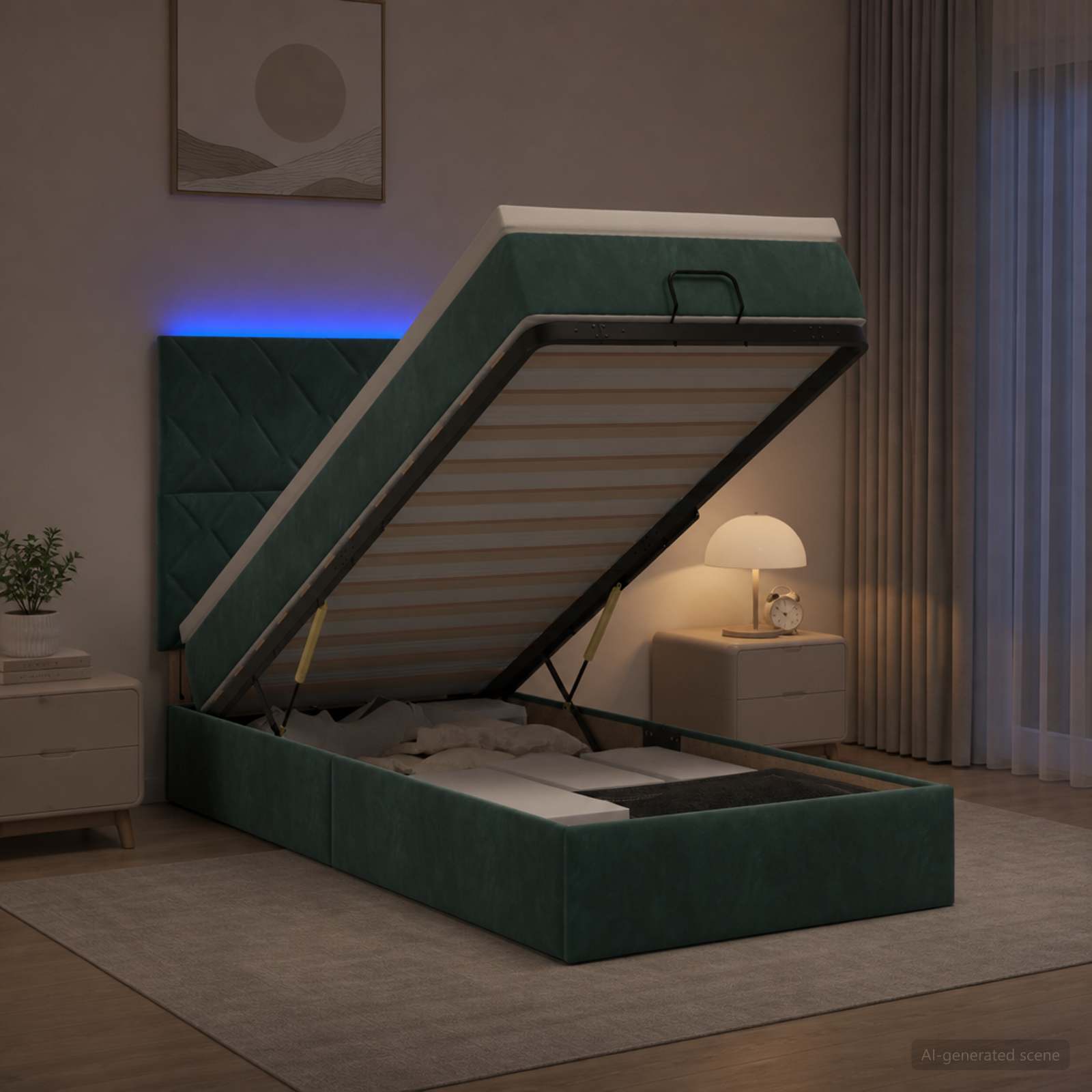Ottoman-Bett mit Matratze und LED Dunkelgrün 80 x 200 cm Samt