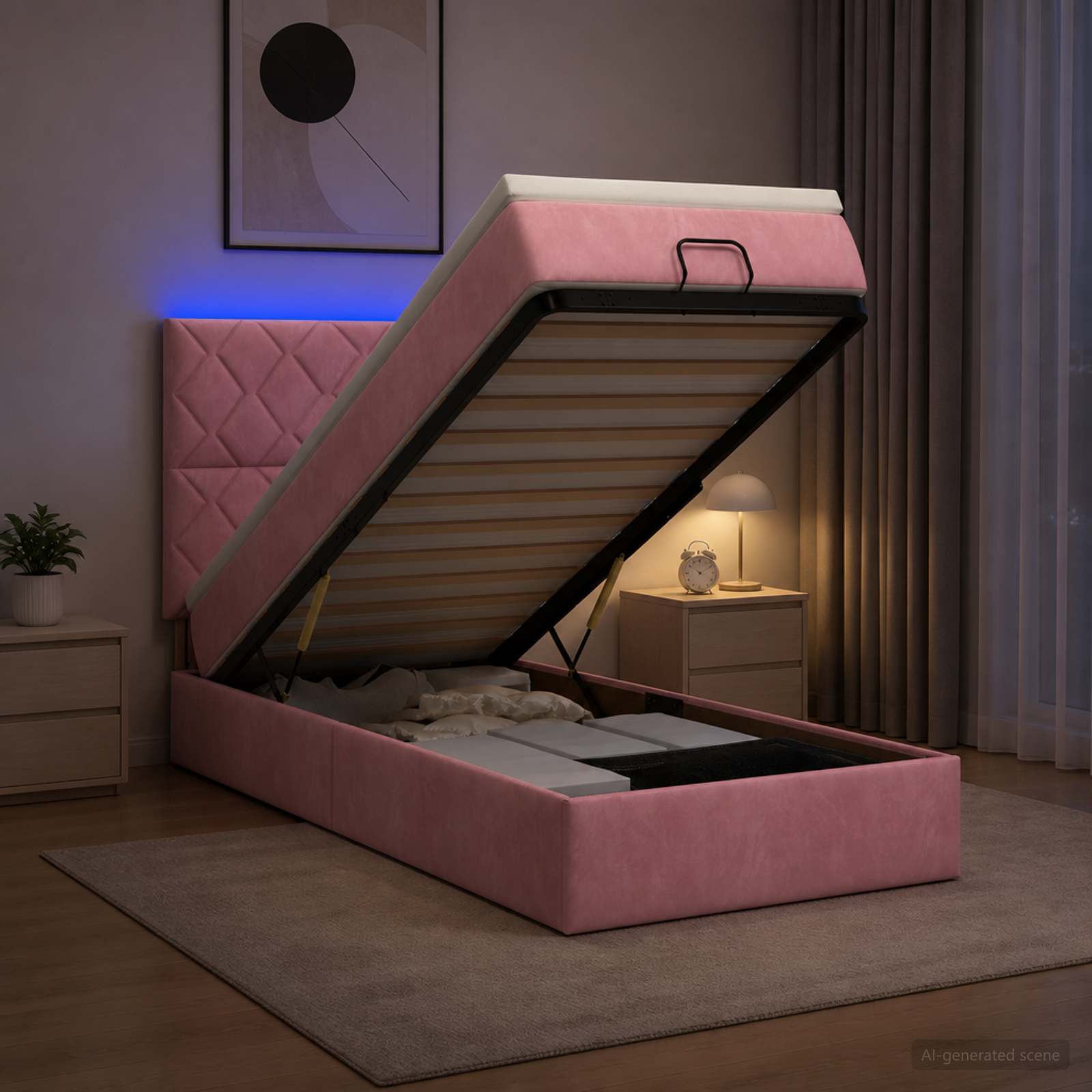 Ottoman-Bett mit Matratze und LED Rosa 100 x 200 cm Samt