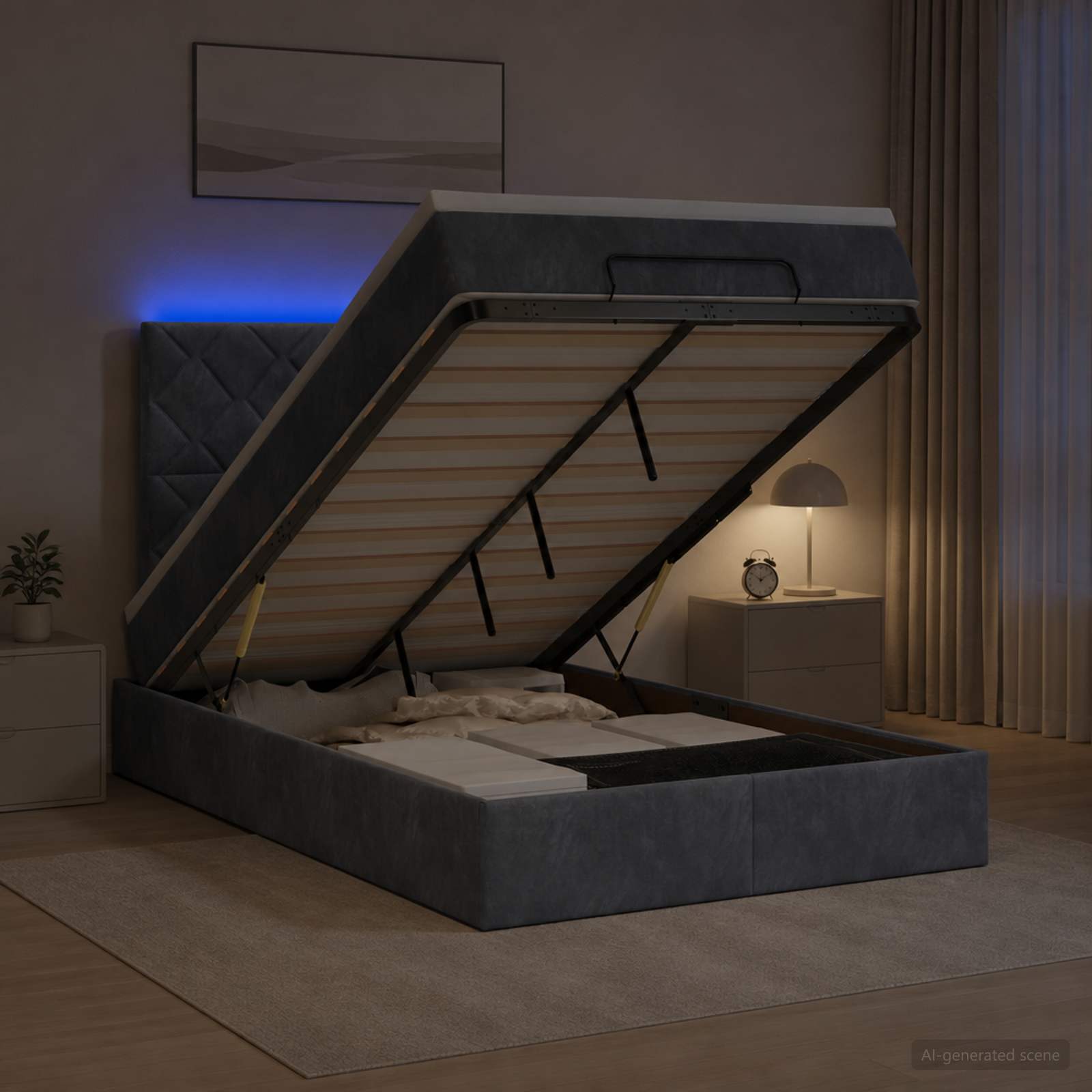 Ottoman-Bett mit Matratze und LED Dunkelgrau 120 x 190 cm Samt