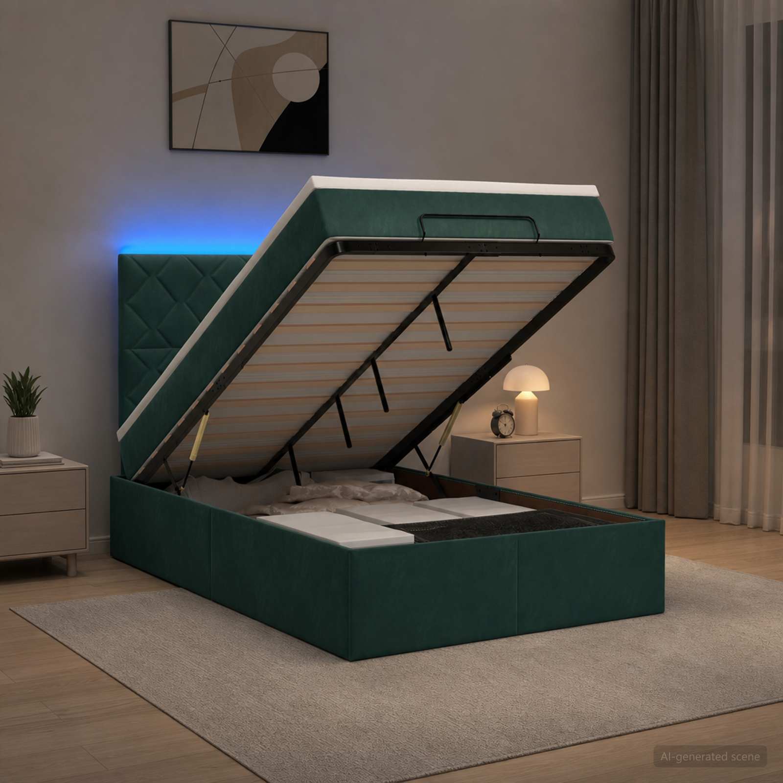 Ottoman-Bett mit Matratze und LED Dunkelgrün 120 x 190 cm Samt
